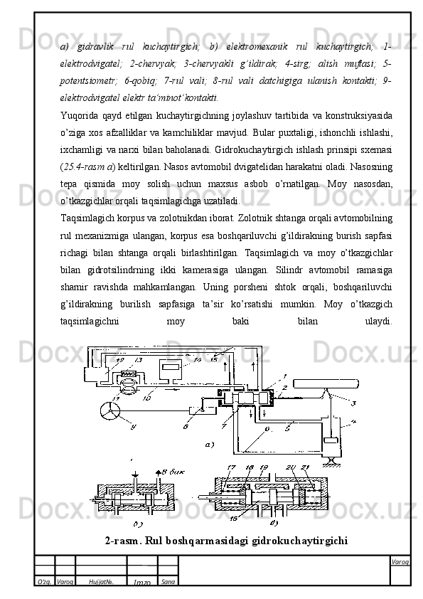O’zg. Varoq Hujjat№.
Imzo Sana Varoq
 a)   gidravlik   rul   kuchaytirgich;   b)   elektromexanik   rul   kuchaytirgich;   1-
elektrodvigatel;   2-chervyak;   3-chervyakli   g’ildirak;   4-sirg;   alish   muftasi;   5-
potentsiometr;   6-qobiq;   7-rul   vali;   8-rul   vali   datchigiga   ulanish   kontakti;   9-
elektrodvigatel elektr ta’minot’kontakti.
Yuqorida   qayd   etilgan   kuchaytirgichning   joylashuv   tartibida   va   konstruksiyasida
o’ziga   xos  afzalliklar   va  kamchiliklar  mavjud.   Bular   puxtaligi,  ishonchli  ishlashi,
ixchamligi va narxi bilan baholanadi. Gidrokuchaytirgich ishlash prinsipi sxemasi
( 25.4-rasm a ) keltirilgan. Nasos avtomobil dvigatelidan harakatni oladi. Nasosning
tepa   qismida   moy   solish   uchun   maxsus   asbob   o’rnatilgan.   Moy   nasosdan,
o’tkazgichlar orqali taqsimlagichga uzatiladi.
Taqsimlagich korpus va zolotnikdan iborat. Zolotnik shtanga orqali avtomobilning
rul   mexanizmiga   ulangan,   korpus   esa   boshqariluvchi   g’ildirakning   burish   sapfasi
richagi   bilan   shtanga   orqali   birlashtirilgan.   Taqsimlagich   va   moy   o’tkazgichlar
bilan   gidrotsilindrning   ikki   kamerasiga   ulangan.   Silindr   avtomobil   ramasiga
sharnir   ravishda   mahkamlangan.   Uning   porsheni   shtok   orqali,   boshqariluvchi
g’ildirakning   burilish   sapfasiga   ta’sir   ko’rsatishi   mumkin.   Moy   o’tkazgich
taqsimlagichni   moy   baki   bilan   ulaydi.
2 -rasm. Rul boshqarmasidagi gidrokuchaytirgichi