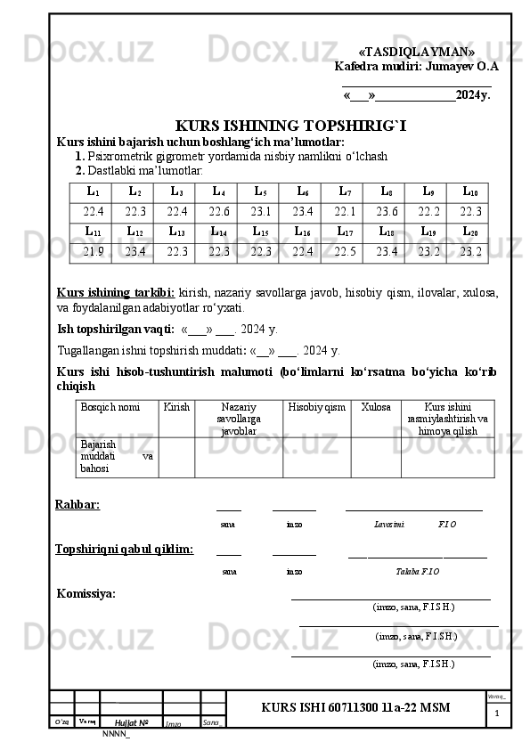 O‘zq    Varaq
Hujjat №
NNNN_ Imzo _ Sana _ Varaq _
KURS ISHI 60711300 11a-22 MSM
  «TASDIQLAYMAN»
Kafedra mudiri: Jumayev O.A
________________________
«___»_____________2024y.
KURS ISHINING TOPSHIRIG`I
Kurs ishini bajarish uchun boshlang‘ich ma’lumotlar:
1.  Psixrometrik gigrometr yordamida nisbiy namlikni o‘lchash
2.  Dastlabki ma’lumotlar: 
L
1 L
2 L
3 L
4 L
5 L
6 L
7 L
8 L
9 L
10
22.4 22.3 22.4 22.6 23.1 23.4 22.1 23.6 22.2 22.3
L
11 L
12 L
13 L
14 L
15 L
16 L
17 L
18 L
19 L
20
21.9 23.4 22.3 22.3 22.3 22.4 22.5 23.4 23.2 23.2
Kurs ishining tarkibi:   kirish, nazariy savollarga javob, hisobiy qism, ilovalar, xulosa,
va foydalanilgan adabiyotlar ro‘yxati.
Ish topshirilgan vaqti :   «___» ___. 2024 y.
Tugallangan ishni topshirish muddati :  «__» ___. 2024 y.
Kurs   ishi   hisob-tushuntirish   malumoti   (bo‘limlarni   ko‘rsatma   bo‘yicha   ko‘rib
chiqish
Bosqich nomi Kirish Nazariy
savollarga
javoblar Hisobiy qism Xulosa Kurs ishini
rasmiylashtirish va
himoya qilish
Bajarish
muddati   va
bahosi
Rahbar:      ____ _______ ______________________
  sana              imzo                            Lavozimi                 F.I.O
Topshiriqni qabul qildim: ____ _______
______________________
   sana              imzo               Talaba F.I.O
Komissiya:                                                         ________________________________
                                                                                                        (imzo, sana, F.I.SH.)
                                                                    ________________________________
                                                     (imzo, sana, F.I.SH.)
                                                                     ________________________________
                                                    (imzo, sana, F.I.SH.)
     1