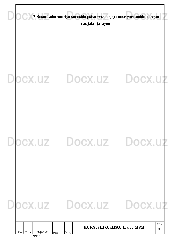 O‘zq    Varaq
Hujjat №
NNNN_ Imzo _ Sana _ Varaq _
KURS ISHI 60711300 11a-22 MSM
 7-Rasm Laboratoriya xonasida psixometrik gigrometr yordamida olingan
natijalar jarayoni
     33 