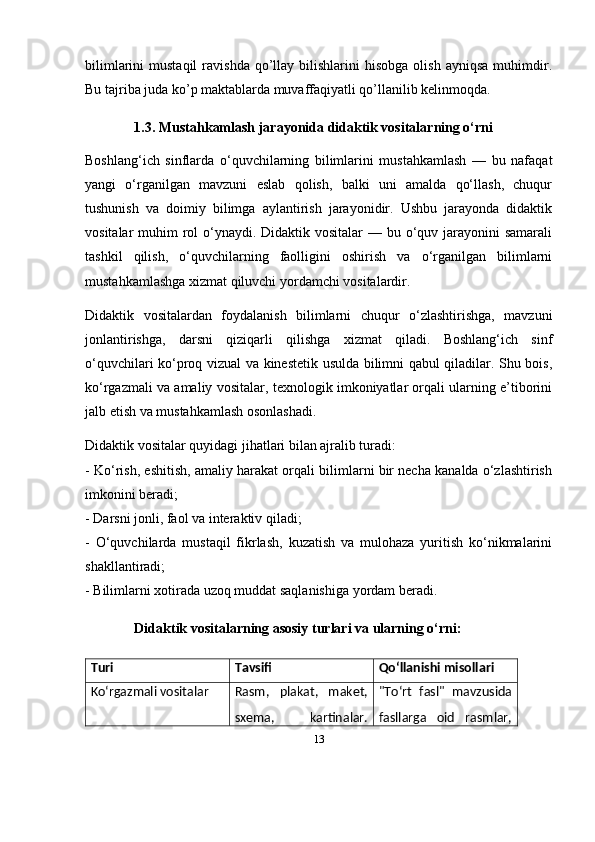 13bilimlarini   mustaqil  ravishda   qo’llay  bilishlarini   hisobga   olish   ayniqsa   muhimdir.
Bu tajriba juda ko’p maktablarda muvaffaqiyatli qo’llanilib kelinmoqda.
1.3. Mustahkamlash jarayonida didaktik vositalarning o‘rni
Boshlang‘ich   sinflarda   o‘quvchilarning   bilimlarini   mustahkamlash   —   bu   nafaqat
yangi   o‘rganilgan   mavzuni   eslab   qolish,   balki   uni   amalda   qo‘llash,   chuqur
tushunish   va   doimiy   bilimga   aylantirish   jarayonidir.   Ushbu   jarayonda   didaktik
vositalar muhim  rol  o‘ynaydi. Didaktik vositalar  — bu o‘quv jarayonini samarali
tashkil   qilish,   o‘quvchilarning   faolligini   oshirish   va   o‘rganilgan   bilimlarni
mustahkamlashga xizmat qiluvchi yordamchi vositalardir.
Didaktik   vositalardan   foydalanish   bilimlarni   chuqur   o‘zlashtirishga,   mavzuni
jonlantirishga,   darsni   qiziqarli   qilishga   xizmat   qiladi.   Boshlang‘ich   sinf
o‘quvchilari ko‘proq vizual va kinestetik usulda bilimni qabul qiladilar. Shu bois,
ko‘rgazmali va amaliy vositalar, texnologik imkoniyatlar orqali ularning e’tiborini
jalb etish va mustahkamlash osonlashadi.
Didaktik vositalar quyidagi jihatlari bilan ajralib turadi:
- Ko‘rish, eshitish, amaliy harakat orqali bilimlarni bir necha kanalda o‘zlashtirish
imkonini beradi;
- Darsni jonli, faol va interaktiv qiladi;
-   O‘quvchilarda   mustaqil   fikrlash,   kuzatish   va   mulohaza   yuritish   ko‘nikmalarini
shakllantiradi;
- Bilimlarni xotirada uzoq muddat saqlanishiga yordam beradi.
Didaktik vositalarning asosiy turlari va ularning o‘rni:
Turi Tavsifi Qo‘llanishi misollari
Ko‘rgazmali vositalar Rasm,   plakat,   maket,
sxema,   kartinalar. "To‘rt   fasl"   mavzusida
fasllarga   oid   rasmlar, 