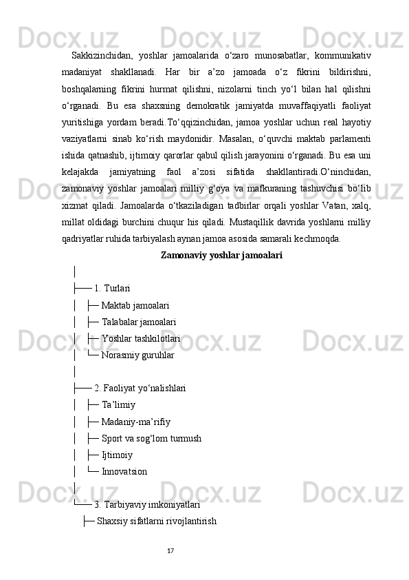 17Sakkizinchidan,   yoshlar   jamoalarida   o‘zaro   munosabatlar,   kommunikativ
madaniyat   shakllanadi.   Har   bir   a’zo   jamoada   o‘z   fikrini   bildirishni,
boshqalarning   fikrini   hurmat   qilishni,   nizolarni   tinch   yo‘l   bilan   hal   qilishni
o‘rganadi.   Bu   esa   shaxsning   demokratik   jamiyatda   muvaffaqiyatli   faoliyat
yuritishiga   yordam   beradi.To‘qqizinchidan,   jamoa   yoshlar   uchun   real   hayotiy
vaziyatlarni   sinab   ko‘rish   maydonidir.   Masalan,   o‘quvchi   maktab   parlamenti
ishida qatnashib, ijtimoiy qarorlar qabul qilish jarayonini o‘rganadi. Bu esa uni
kelajakda   jamiyatning   faol   a’zosi   sifatida   shakllantiradi.O‘ninchidan,
zamonaviy   yoshlar   jamoalari   milliy   g‘oya   va   mafkuraning   tashuvchisi   bo‘lib
xizmat   qiladi.   Jamoalarda   o‘tkaziladigan   tadbirlar   orqali   yoshlar   Vatan,   xalq,
millat oldidagi burchini chuqur his qiladi. Mustaqillik davrida yoshlarni milliy
qadriyatlar ruhida tarbiyalash aynan jamoa asosida samarali kechmoqda.
Zamonaviy yoshlar jamoalari
│
├── 1. Turlari
│   ├─ Maktab jamoalari
│   ├─ Talabalar jamoalari
│   ├─ Yoshlar tashkilotlari
│   └─ Norasmiy guruhlar
│
├── 2. Faoliyat yo‘nalishlari
│   ├─ Ta’limiy
│   ├─ Madaniy-ma’rifiy
│   ├─ Sport va sog‘lom turmush
│   ├─ Ijtimoiy
│   └─ Innovatsion
│
└── 3. Tarbiyaviy imkoniyatlari
    ├─ Shaxsiy sifatlarni rivojlantirish