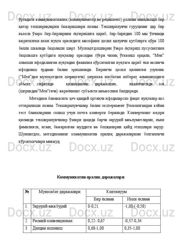 ўртадаги коммуникативлик (коммуникатор ва реципиент) ролини аниқлашда бир
қатор   топшириқларни   бажаришлари   лозим.   Текширилувчи   гуруҳнинг   ҳар   бир
аъзоси   ўзаро   бир-бирларини   ёқтиришига   қараб,   бир-биридан   100   мм   ўлчамда
ажратилган   икки   нуқта   орасидаги   масофани   ҳосил   қилувчи   қутбларга   кўра   100
балли   шкалада   баҳолаши   шарт.   Мулоқотдошларни   ўзаро   ёқтириш   хусусиятини
баҳолашга   қутбдаги   нуқталар   орасидан   тўғри   чизиқ   ўтказиш   орқали,   “Мен”
олмоши ифодаланган нуқтадан фамилия кўрсатилган нуқтага қараб ёки аксинча
ифодалаш   ёрдами   билан   эришилади.   Биринчи   ҳосил   қилинган   узунлик
(“Мен”дан   мулоқотдаги   шерикгача)   шерикка   нисбатан   ахборот   алмашишдаги
объект   сифатида     қизиққанлик   даражасини,     иккинчисида   эса
(шерикдан”Мен”гача) жараённинг субъекти маъносини билдиради. 
       Методика бланкасига ҳеч қандай ортиқча ифодаларсиз фақат нуқталар акс
эттирилиши   лозим.   Текширилувчилар   билан   эксперимент   ўтказилгандан   кейин
тест   бланкларини   солиш   учун   почта   конверти   берилади.   Конвертнинг   юқори
қисмида   текширилувчилар   ўзлари   ҳақида   барча   зарурий   маълумотларни,   яъни
фамилияси,   исми,   бажарилган   муддати   ва   бошқаларни   қайд   этишлари   зарур.
Шунингдек ,   методиканинг   коммуникатив   оралиқ   даражаларини   белгиловчи
кўрсаткичлари мавжуд. 
                                                                                                                    
Коммуникатив оралиқ даражалари
                 
№        Муносабат даражалари 
                    Континуум 
       Бир ёклама    Икки ёклама
1 Зарурий-мажбурий 0-0,21 -1,00-(-0,58)
2 Расмий-конвенционал 0,22- 0,67 -0,57-0,34
3 Дилдан ишониш 0,68-1,00 0,35-1,00 