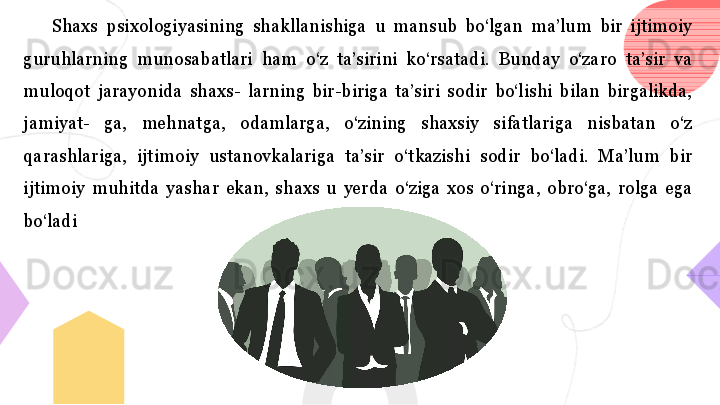 Shaxs  psixologiyasining  shakllanishiga  u  mansub  bo‘lgan  ma’lum  bir  ijtimoiy 
guruhlarning  munosabatlari  ham  o‘z  ta’sirini  ko‘rsatadi.  Bunday  o‘zaro  ta’sir  va 
muloqot  jarayonida  shaxs-  larning  bir-biriga  ta’siri  sodir  bo‘lishi  bilan  birgalikda, 
jamiyat-  ga,  mehnatga,  odamlarga,  o‘zining  shaxsiy  sifatlariga  nisbatan  o‘z 
qarashlariga,  ijtimoiy  ustanovkalariga  ta’sir  o‘tkazishi  sodir  bo‘ladi.  Ma’lum  bir 
ijtimoiy  muhitda  yashar  ekan,  shaxs  u  yerda  o‘ziga  xos  o‘ringa,  obro‘ga,  rolga  ega 
bo‘ladi 