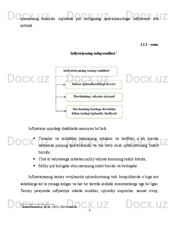 qonunining   buzilishi   oqibatida   pul   birligining   qadrsizlanishiga   inflyatsiya   deb
aytiladi.
1.1.2 – rasm. 
Inflyatsiyaning tashqi omillari. 7
 
 
Inflyatsiya quyidagi shakllarda namoyon bo’ladi:
 Tovarlar   va   xizmatlar   bahosining   uzluksiz   va   tartibsiz   o’sib   borishi
natijasida   pulning   qadrsizlanishi   va   uni   sotib   olish   qobiliyatsining   tushib
borishi;
 Chet el valyutasiga nisbatan milliy valyuta kursining tushib ketishi; 
 Milliy pul birligida oltin narxining oshib borishi va boshqalar 
Inflyatsiyaning tarixiy rivojlanishi  iqtisodiyotning turli bosqichlarida o’ziga xos
sabablarga ko’ra yuzaga kelgan va har bir davrda alohida xususiyatlarga ega bo’lgan.
Tarixiy   jarayonda   inflyatsiya   odatda   urushlar,   iqtisodiy   inqirozlar,   sanoat   rivoji,
7
  Abdurakhmanova, M. M. (2021). Pul va banklar
9 