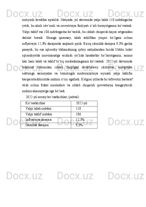 imtiyozli kreditlar ajratildi.   Natijada, yil davomida yalpi talab 110 indeksgacha
yetdi, bu aholi iste’moli va investitsiya faoliyati o‘sib borayotganini ko‘rsatadi.
Yalpi taklif esa 106 indeksgacha ko‘tarildi, bu ishlab chiqarish hajmi ortganidan
dalolat   beradi.   Shunga   qaramay,   talab   taklifdan   yuqori   bo‘lgani   uchun
inflyatsiya 12,3% darajasida saqlanib qoldi. Biroq ishsizlik darajasi 9,3% gacha
pasaydi,   bu   esa   iqtisodiy   tiklanishning   ijobiy   natijalaridan   biridir.Ushbu   holat
iqtisodiyotda   muvozanatga   erishish   yo‘lida   harakatlar   bo‘layotganini,   ammo
hali  ham  talab va taklif  to‘liq moslashmaganini  ko‘rsatadi.  2022-yil  davomida
hukumat   tomonidan   ishlab   chiqilgan   strukturaviy   islohotlar,   energetika
sektoriga   sarmoyalar   va   texnologik   modernizatsiya   siyosati   yalpi   taklifni
barqarorlashtirishda muhim o‘rin egalladi. Kelgusi yillarda bu tafovutni bartaraf
etish   uchun   fiskal   moslashuv   va   ishlab   chiqarish   quvvatlarini   kengaytirish
muhim ahamiyatga ega bo‘ladi.
2022-yil asosiy ko‘rsatkichlari (jadval):
Ko‘rsatkichlar 2022-yil
Yalpi talab indeksi 110
Yalpi taklif indeksi 106
Inflyatsiya darajasi 12,3%
Ishsizlik darajasi 9,3% 