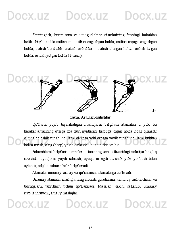 Shuningdek,   butun   tana   va   uning   alohida   qismlarining   fazodagi   holatidan
kelib chiqib: sodda osilishlar – osilish engashgan holda, osilish orqaga engashgan
holda,   osilish   burchakli;   aralash   osilishlar   –   osilish   o‘tirgan   holda,   osilish   turgan
holda, osilish yotgan holda (1-rasm). 
1-
rasm. Aralash osilishlar
Qo‘llarni   yoyib   bajariladigan   mashqlarni   belgilash   atamalari   u   yoki   bu
harakat   amalining   o‘ziga   xos   xususiyatlarini   hisobga   olgan   holda   hosil   qilinadi:
o‘mbaloq oshib turish, qo‘llarni oldinga yoki orqaga yoyib turish, qo‘llarni bukkan
holda turish, o‘ng (chap) yoki ikkala qo‘l bilan turish va b.q.
Sakrashlarni belgilash atamalari – tananing uchlik fazasidagi xolatiga bog‘liq
ravishda:   oyoqlarni   yoyib   sakrash,   oyoqlarni   egib   burchak   yoki   yonbosh   bilan
aylanib, salg‘to sakrash kabi belgilanadi.
Atamalar umumiy, asosiy va qo‘shimcha atamalarga bo‘linadi. 
Umumiy atamalar mashqlarning alohida guruhlarini, umumiy tushunchalar va
boshqalarni   tahriflash   uchun   qo‘llaniladi.   Masalan,   erkin,   saflanib,   umumiy
rivojlantiruvchi, amaliy mashqlar.
15 