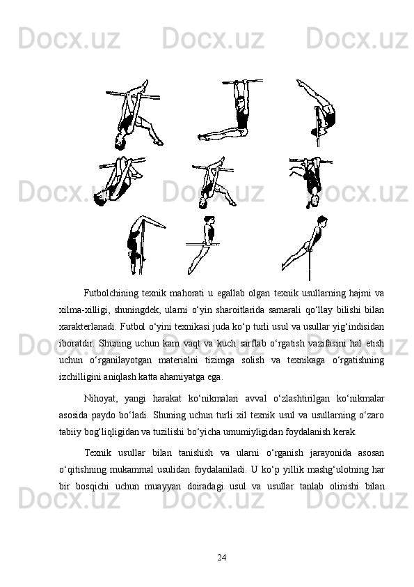                   
Futbolchining   texnik   mahorati   u   egallab   olgan   texnik   usullarning   hajmi   va
xilma-xilligi,   shuningdek,   ularni   o‘yin   sharoitlarida   samarali   qo‘llay   bilishi   bilan
xarakterlanadi.  Futbol o‘yini texnikasi juda ko‘p turli usul va usullar yig‘indisidan
iboratdir.   Shuning   uchun   kam   vaqt   va   kuch   sarflab   o‘rgatish   vazifasini   hal   etish
uchun   o‘rganilayotgan   materialni   tizimga   solish   va   texnikaga   o‘rgatishning
izchilligini aniqlash katta ahamiyatga ega.
Nihoyat,   yangi   harakat   ko‘nikmalari   avval   o‘zlashtirilgan   ko‘nikmalar
asosida   paydo   bo‘ladi.   Shuning   uchun   turli   xil   texnik   usul   va   usullarning   o‘zaro
tabiiy bog‘liqligidan va tuzilishi bo‘yicha umumiyligidan foydalanish kerak.
Texnik   usullar   bilan   tanishish   va   ularni   o‘rganish   jarayonida   asosan
o‘qitishning   mukammal   usulidan   foydalaniladi.   U   ko‘p   yillik   mashg‘ulotning   har
bir   bosqichi   uchun   muayyan   doiradagi   usul   va   usullar   tanlab   olinishi   bilan
24 
