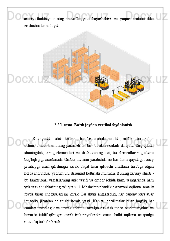 asosiy   funktsiyalarining   muvaffaqiyatli   bajarilishini   va   yuqori   rentabellikka
erishishni ta'minlaydi.
2.2.1-rasm. Bo‘sh joydan vertikal foydalanish
Shuni yodda   tutish   kerakki ,   har   bir   alohida   holatda,   ma'lum   bir   ombor
uchun,  ombor   tizimining   parametrlari   bir   -biridan   sezilarli   darajada   farq  qiladi ,
shuningdek,   uning   elementlari   va   strukturaning   o'zi,   bu   elementlarning   o'zaro
bog'liqligiga asoslanadi. Ombor tizimini yaratishda siz har doim quyidagi asosiy
printsipga   amal   qilishingiz   kerak:   faqat   ta'sir   qiluvchi   omillarni   hisobga   olgan
holda individual yechim uni daromad keltirishi mumkin. Buning zaruriy sharti -
bu funktsional vazifalarning aniq ta'rifi va ombor ichida ham, tashqarisida ham
yuk tashish ishlarining to'liq tahlili. Moslashuvchanlik   diapazoni oqilona ,  amaliy
foyda   bilan   chegaralanishi   kerak.   Bu   shuni   anglatadiki,   har   qanday   xarajatlar
iqtisodiy   jihatdan   oqlanishi   kerak,   ya'ni.   Kapital   qo'yilmalar   bilan   bog'liq   har
qanday   texnologik   va   texnik   echimni   amalga   oshirish   moda   tendentsiyalari   va
bozorda   taklif   qilingan   texnik   imkoniyatlardan   emas ,   balki   oqilona   maqsadga
muvofiq bo'lishi kerak. 