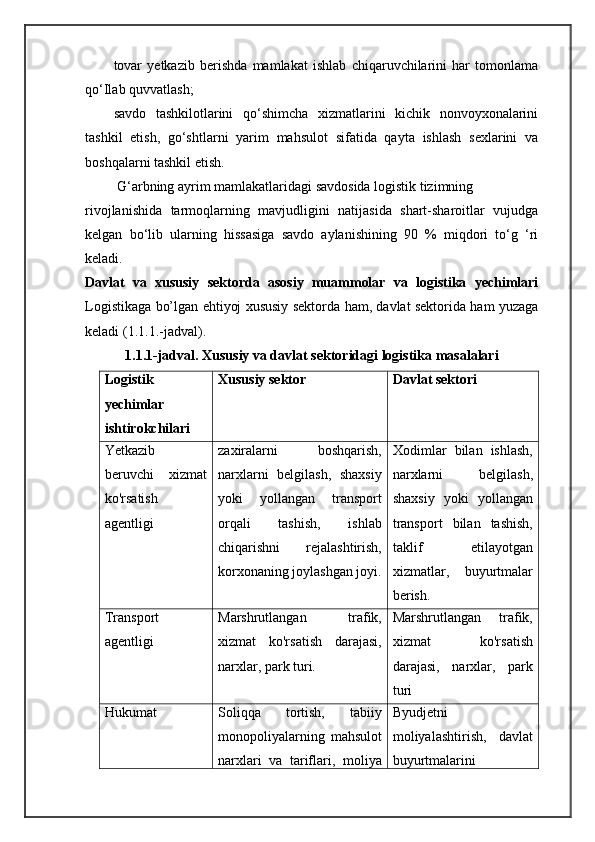 tovar   yetkazib   berishda   mamlakat   ishlab   chiqaruvchilarini   har   tomonlama
qo‘Ilab quvvatlash;
savdo   tashkilotlarini   qo‘shimcha   xizmatlarini   kichik   nonvoyxonalarini
tashkil   etish,   go‘shtlarni   yarim   mahsulot   sifatida   qayta   ishlash   sexlarini   va
boshqalarni tashkil etish.
 G‘arbning ayrim mamlakatlaridagi savdosida logistik tizimning 
rivojlanishida   tarmoqlarning   mavjudligini   natijasida   shart-sharoitlar   vujudga
kelgan   bo‘lib   ularning   hissasiga   savdo   aylanishining   90   %   miqdori   to‘g   ‘ri
keladi.
Davlat   va   xususiy   sektorda   asosiy   muammolar   va   logistika   yechimlari
Logistikaga bo’lgan ehtiyoj xususiy sektorda ham, davlat sektorida ham yuzaga
keladi (1.1.1.-jadval).
1.1.1-jadval. Xususiy va davlat sektoridagi logistika masalalari
Logistik
yechimlar
ishtirokchilari Xususiy sektor Davlat sektori
Yetkazib
beruvchi   xizmat
ko'rsatish
agentligi zaxiralarni   boshqarish,
narxlarni   belgilash,   shaxsiy
yoki   yollangan   transport
orqali   tashish,   ishlab
chiqarishni   rejalashtirish,
korxonaning joylashgan joyi. Xodimlar   bilan   ishlash,
narxlarni   belgilash,
shaxsiy   yoki   yollangan
transport   bilan   tashish,
taklif   etilayotgan
xizmatlar,   buyurtmalar
berish.
Transport
agentligi Marshrutlangan   trafik,
xizmat   ko'rsatish   darajasi,
narxlar, park turi. Marshrutlangan   trafik,
xizmat   ko'rsatish
darajasi,   narxlar,   park
turi
Hukumat Soliqqa   tortish,   tabiiy
monopoliyalarning   mahsulot
narxlari   va   tariflari,   moliya Byudjetni
moliyalashtirish,   davlat
buyurtmalarini 