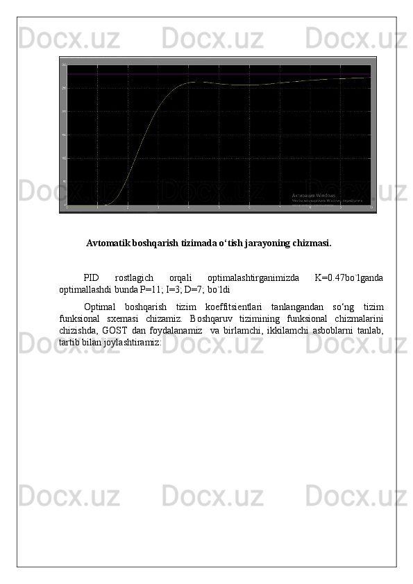  Avtomatik boshqarish tizimada o‘tish jarayoning chizmasi.
PID   rostlagich   orqali   optimalashtirganimizda   K=0.47bo`lganda
optimallashdi bunda P=11; I=3; D=7; bo`ldi 
Optimal   boshqarish   tizim   koeffitsientlari   tanlangandan   so‘ng   tizim
funksional   sxemasi   chizamiz.   Boshqaruv   tizimining   funksional   chizmalarini
chizishda,   GOST   dan   foydalanamiz     va   birlamchi,   ikkilamchi   asboblarni   tanlab,
tartib bilan joylashtiramiz:          