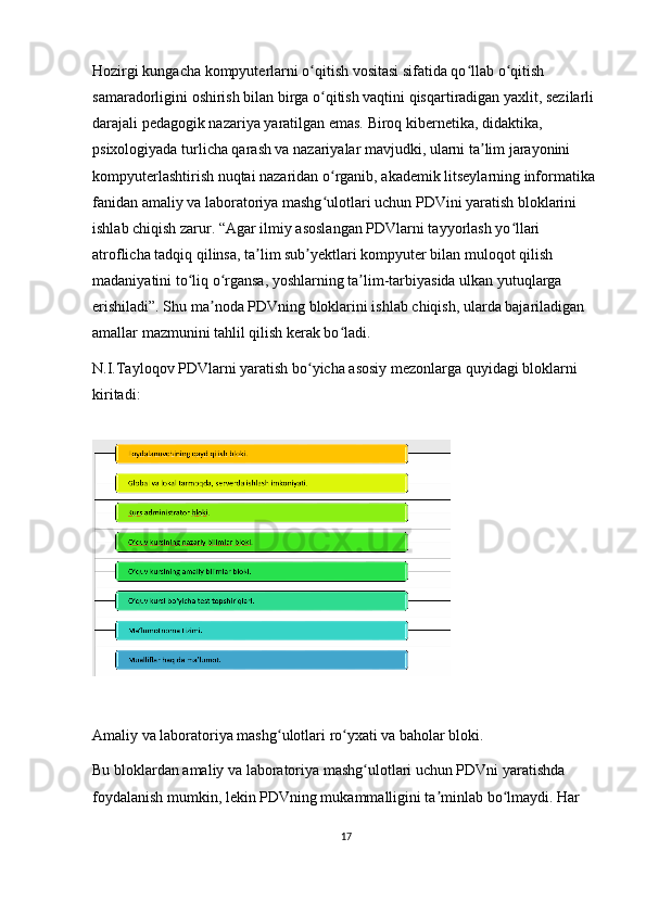 Hozirgi kungacha kompyuterlarni o qitish vositasi sifatida qo llab o qitish ʻ ʻ ʻ
samaradorligini oshirish bilan birga o qitish vaqtini qisqartiradigan yaxlit, sezilarli 
ʻ
darajali pedagogik nazariya yaratilgan emas. Biroq kibernetika, didaktika, 
psixologiyada turlicha qarash va nazariyalar mavjudki, ularni ta lim jarayonini 	
ʼ
kompyuterlashtirish nuqtai nazaridan o rganib, akademik litseylarning informatika 	
ʻ
fanidan amaliy va laboratoriya mashg ulotlari uchun PDVini yaratish bloklarini 
ʻ
ishlab chiqish zarur. “Agar ilmiy asoslangan PDVlarni tayyorlash yo llari 	
ʻ
atroflicha tadqiq qilinsa, ta lim sub yektlari kompyuter bilan muloqot qilish 	
ʼ ʼ
madaniyatini to liq o rgansa, yoshlarning ta lim-tarbiyasida ulkan yutuqlarga 	
ʻ ʻ ʼ
erishiladi”. Shu ma noda PDVning bloklarini ishlab chiqish, ularda bajariladigan 	
ʼ
amallar mazmunini tahlil qilish kerak bo ladi.	
ʻ
N.I.Tayloqov PDVlarni yaratish bo yicha asosiy mezonlarga quyidagi bloklarni 	
ʻ
kiritadi:
Amaliy va laboratoriya mashg ulotlari ro yxati va baholar bloki.	
ʻ ʻ
Bu bloklardan amaliy va laboratoriya mashg ulotlari uchun PDVni yaratishda 	
ʻ
foydalanish mumkin, lekin PDVning mukammalligini ta minlab bo lmaydi. Har 	
ʼ ʻ
17 