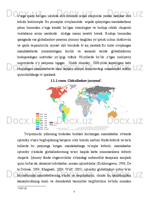 o’ziga   qulay   bo’lgan   uslubda   olib   borilishi   orqali   istiqbolda   yaxshi   natijalar   olib
kelishi  kutilmoqda. Bu prinsiplar  rivojlanishda    orqada qolayotgan mamlakatlarni
jahon   bozoridan   o’ziga   kerakli   bo’lgan   texnologiya   va   boshqa   ishlab   chiqarish
vositalarini   arzon   narxlarda     olishga   zamin   yaratib   beradi.   Boshqa   tomondan
qaraganda esa globallashuv jarayoni ijtimoiy tanglikni yo’qotish uchun cheklovchi
va   qayta   taqsimlovchi   siyosat   olib   borishda   to’siq   yaratadi.Bu   holat   rivojlangan
mamlakatlarda   yomonlashgani   kuchli   va   samarali   tarzda   globallashuvni
boshqaradigan   institutlar   yo’qligi   tufayli   90-yillarda   bo’lib   o’tgan   moliyaviy
inqirozlarda   o’z   natijasini   topgan   .   Xuddi   shunday,   2008-yilda   kuzatilgani   kabi
rivojlangan   mamlakatlarda   ham   xalqaro   moliya   bozorlaridagi   muammolar   tufayli
qiyinchiliklarga to’qnashadi.
                                       1.1.1-rasm. Globallashuv jarayoni 1
. 
                               
To'qsoninchi   yillarning   boshidan   boshlab   kuchaygan   mamlakatlar   o'rtasida
iqtisodiy o'zaro bog'liqlikning barqaror o'sib borishi ma'lum foyda keltirdi va ba'zi
hollarda   bu   jarayonga   botgan   mamlakatlarga   to'siqlar   keltirib,   mamlakatlar
iqtisodiy   o'sishida   globallashuvning   ta'siri   haqida   katta   munozaralarni   keltirib
chiqardi.   Ijtimoiy   fanda   o'zgaruvchilar   o'rtasidagi   nedensellik   darajasini   aniqlash
qiyin bo'lsa-da, aksariyat advokatlar, asosan iqtisodchilar (Eichhengreen, 1996; De
la Dehesa, 2004; Bhagwati, 2004; Wolf, 2005), iqtisodiy globallashuv ijobiy ta'sir
ko'rsatmoqda   mamlakatlarning   o'sishi   va   yaqinlashishi,   chunki   bu   qashshoqlikni
kamaytirishning   omili   va   demokratik   tamoyillar   targ'ibotchisi   bo'lishi   mumkin
1
  STAT.UZ 
6 