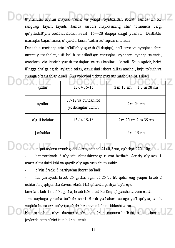 0’yinchilar   kiyimi   mayka,   trusik   va   yengil   ‘oyabzaldan   iborat.   Jamoa   bir   xil
rangdagi   kiyim   kiyadi.   Jamoa   sardori   maykasining   cha’   tomonida   belgi
qo’yiladi.0’yin   boshlanishidan   avval,   15—20   daqiqa   chigil   yoziladi.   Dastlabki
mashqlar bajarilmasa, o’quvchi tana a’zolari zo’riqishi mumkin.
Dastlabki mashqqa asta lo’killab yugurish (6 daqiqa), qo’l, tana va oyoqlar uchun
umumiy   mashqlar,   juft   bo’ib   bajariladigan   mashqlar,   oyoqdan   oyoqqa   sakrash,
oyoqlarni chalishtirib yurish mashqlari va shu kabilar       kiradi. Shuningdek, belni
0’ngga,cha’ga egish, aylanib otish, oshirishni ishora qilish mashqi, huju to’sish va
shunga o’xshashlar kiradi. Shu voleybol uchun maxsus mashqlar  bajariladi
qizlar 13-14 15-16 2  m  10  sm       1 2  m  20  sm
ayollar 17-18 va bundan rot
yoshdagilar uchun 2  m  24  sm
o’g’il bolalar 13-14 15-16 2  m  20  sm  2  m  35  sm
| erkaklar 2  m  43  sm
- to’pni aylana uzunligi 66±1 sm, rotocol 21±0,3 sm, og’irligi 270±10g;
- har   partiyada   6   o’yinchi   almashinuviga   ruxsat   beriladi.   Asosiy   o’yinchi   1
marta almashtirilishi va qaytib o’yinga tushishi mumkin;
- o’yin 3 yoki 5 partiyadan iborat bo’ladi;
- har   partiyada   hisob   25   gacha,   agar   25:25   bo’lib   qolsa   eng   yuqori   hisob   2
ochko farq qilguncha davom etadi. Hal qiluvchi partiya taybreyk
tarzida   o ' tadi  15  ochkogacha ,  hisob   toki  2  ochko   farq   qilguncha   davom   etadi .
Jazo   «ayb»ga   yarasha   bo’lishi   shart.   Bordi-yu   hakam   xatoga   yo’l   qo’ysa,   u   o’z
vaqtida bu xatoni bo’yniga olishi kerak va adolatni tiklashi zarur.
Hakam  nafaqat  o’yin  davomida  o’z   odobi  bilan  namuna   bo’lishi,   balki   u  boshqa
joylarda ham o’zini tuta bilishi kerak.
11 