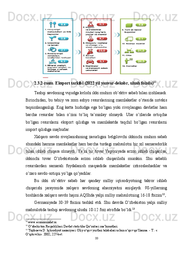 2.3.2-rasm .   Eksport tarkibi (2022 yil yanvar-dekabr, ulush foizda) 11
Tashqi savdoning vujudga kelishi ikki muhim ob’ektiv sabab bilan izohlanadi.
Birinchidan,  bu  tabiiy  va  xom   ashyo   resurslarining  mamlakatlar  o’rtasida  notekis
taqsimlanganligi.   Eng   katta   hududga   ega   bo’lgan   yoki   rivojlangan   davlatlar   ham
barcha   resurslar   bilan   o’zini   to’liq   ta’minlay   olmaydi.   Ular   o’zlarida   ortiqcha
bo’lgan   resurslarni   eksport   qilishga   va   mamlakatda   taqchil   bo’lgan   resurslarni
import qilishga majburlar.
Xalqaro savdo rivojlanishining zarurligini  belgilovchi  ikkinchi  muhim  sabab
shundaki hamma mamlakatlar ham barcha turdagi mahsulotni bir xil samaradorlik
bilan ishlab chiqara olmaydi. Ya’ni  bir  tovar  Yaponiyada  arzon  ishlab chiqarilsa,
ikkinchi   tovar   O’zbekistonda   arzon   ishlab   chiqarilishi   mumkin.   Shu   sababli
resurslardan   samarali   foydalanish   maqsadida   mamlakatlar   ixtisoslashadilar   va
o’zaro savdo-sotiqni yo’lga qo’yadilar.
Bu   ikki   ob’ektiv   sabab   har   qanday   milliy   iqtisodiyotning   takror   ishlab
chiqarishi   jarayonida   xalqaro   savdoning   ahamiyatini   aniqlaydi.   90-yillarning
boshlarida xalqaro savdo hajmi AQShda yalpi milliy mahsulotning 16-18 foizini 12
,
Germaniyada 30-39 foizini  tashkil  etdi. Shu davrda O’zbekiston yalpi milliy
mahsulotida tashqi savdoning ulushi 10-12 foiz atrofida bo’ldi. 13
11
  www.economizdat.ru   
12
  O‘zbekiston Respublikasi Davlat statistika Qo‘mitasi ma’lumotlari.
13
  Tojiboeva D. Iqtisodiyot nazariyasi: Oliy o‘quv yurtlari talabalari uchun o‘quv qo‘llanma. -  Т .: « 
O‘qituvchi».  2002, 227-bet .
33 