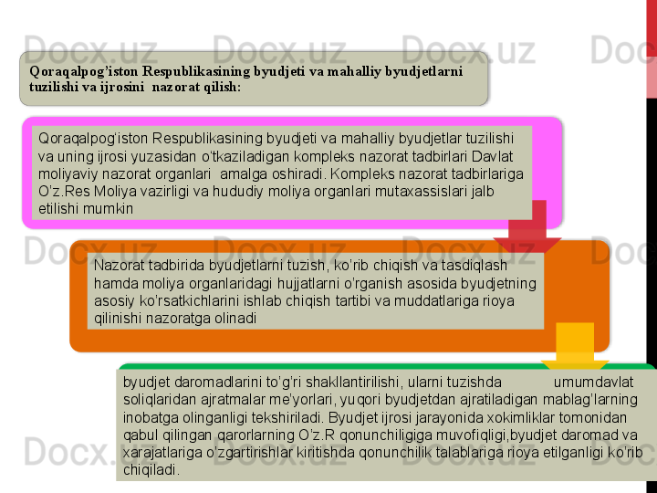 Qoraqalpog’iston Respublikasining byudjeti va mahalliy byudjetlarni 
tuzilishi va ijrosini  nazorat qilish:
Q ora q alpog‘iston Respublikasining b y udjeti va ma h alliy b y udjetlar tuzilishi 
va uning ijrosi yuzasidan o‘tkaziladigan kompleks nazorat tadbirlari Davlat 
moliyaviy nazorat organlari  amalga oshiradi. Kompleks nazorat tadbirlariga 
O’ z.Res Moliya vazirligi va  h ududiy moliya organlari mutaxassislari jalb 
etilishi mumkin
Nazorat tadbirida b y udjetlarni tuzish, k o’ rib chi q ish va tasdi q lash 
h amda moliya organlaridagi  h ujjatlarni  o’ rganish asosida b y udjetning 
asosiy k o’ rsatkichlarini ishlab chi q ish tartibi va muddatlariga rioya 
qi linishi  nazoratga olinadi
b y udjet daromadlarini t o’ g ’ ri shakllantirilishi,  u larni tuzishda             umumdavlat 
soli ql aridan ajratmalar me’yorlari, yu q ori b y udjetdan ajratiladigan mablag ’ larning 
inobatga olinganligi tekshiriladi. B y udjet ijrosi jarayonida xokimliklar tomonidan 
q abul  q ilingan  q arorlarning  O’ z.R  q onunchiligiga muvofi ql igi,b y udjet daromad va 
xarajatlariga  o’ zgartirishlar kiritishda  q onunchilik talablariga rioya etilganligi k o’ rib 
chi qi ladi.       