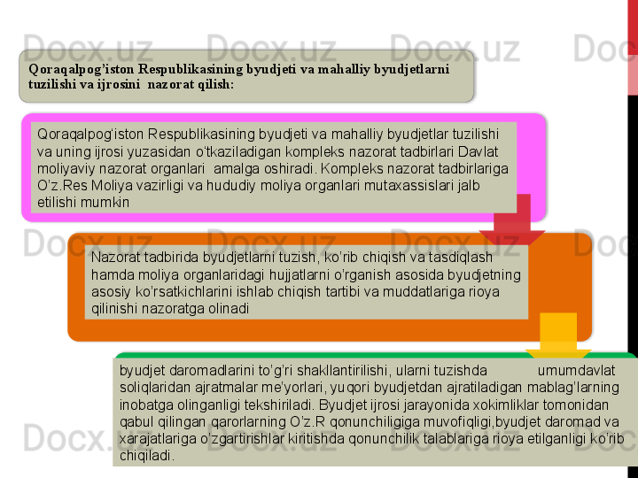 Qoraqalpog’iston Respublikasining byudjeti va mahalliy byudjetlarni 
tuzilishi va ijrosini  nazorat qilish:
Q ora q alpog‘iston Respublikasining b y udjeti va ma h alliy b y udjetlar tuzilishi 
va uning ijrosi yuzasidan o‘tkaziladigan kompleks nazorat tadbirlari Davlat 
moliyaviy nazorat organlari  amalga oshiradi. Kompleks nazorat tadbirlariga 
O’ z.Res Moliya vazirligi va  h ududiy moliya organlari mutaxassislari jalb 
etilishi mumkin
Nazorat tadbirida b y udjetlarni tuzish, k o’ rib chi q ish va tasdi q lash 
h amda moliya organlaridagi  h ujjatlarni  o’ rganish asosida b y udjetning 
asosiy k o’ rsatkichlarini ishlab chi q ish tartibi va muddatlariga rioya 
qi linishi  nazoratga olinadi
b y udjet daromadlarini t o’ g ’ ri shakllantirilishi,  u larni tuzishda             umumdavlat 
soli ql aridan ajratmalar me’yorlari, yu q ori b y udjetdan ajratiladigan mablag ’ larning 
inobatga olinganligi tekshiriladi. B y udjet ijrosi jarayonida xokimliklar tomonidan 
q abul  q ilingan  q arorlarning  O’ z.R  q onunchiligiga muvofi ql igi,b y udjet daromad va 
xarajatlariga  o’ zgartirishlar kiritishda  q onunchilik talablariga rioya etilganligi k o’ rib 
chi qi ladi.