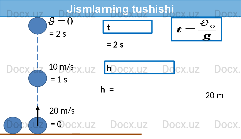 Jismlarning tushishi
= 020 m/s10 m/s
= 1 s??????	=	0= 2 s   t	
??????	=	
??????	0	
??????
  = 2 s
h 
h  =
20 m 