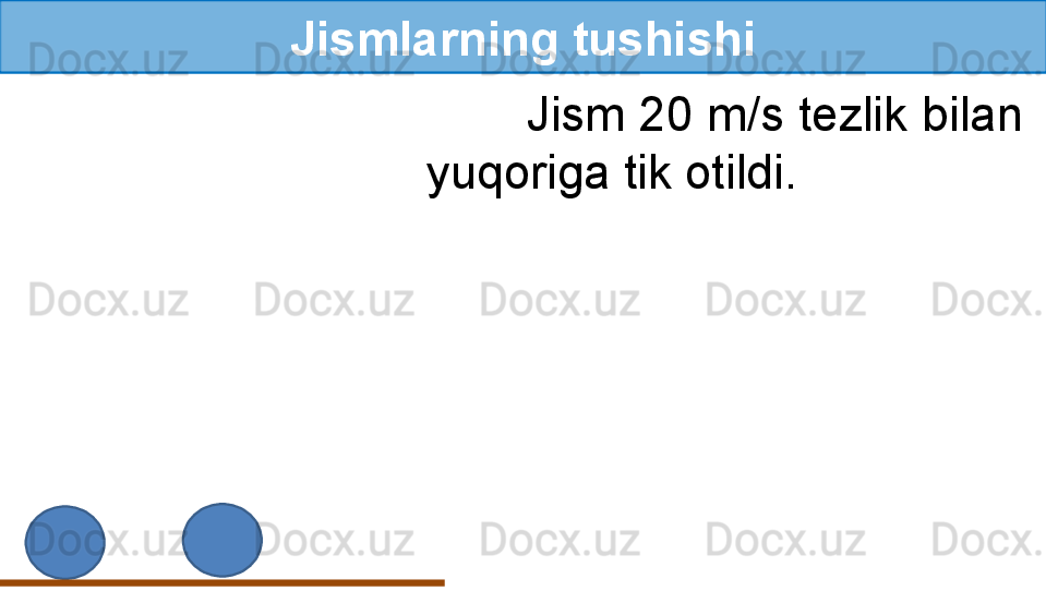 Jismlarning tushishi
        Jism 20 m/s tezlik bilan 
yuqoriga tik otildi. 