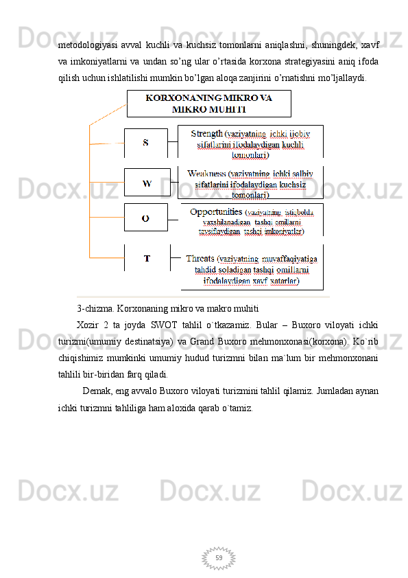 59metodologiyasi   avval   kuchli   va   kuchsiz   tomonlarni   aniqlashni,   shuningdek,   xavf
va imkoniyatlarni  va  undan so’ng ular  o’rtasida korxona strategiyasini  aniq ifoda
qilish uchun ishlatilishi mumkin bo’lgan aloqa zanjirini o’rnatishni mo’ljallaydi.
3-chizma. Korxonaning mikro va makro muhiti
Xozir   2   ta   joyda   SWOT   tahlil   o`tkazamiz.   Bular   –   Buxoro   viloyati   ichki
turizmi(umumiy   destinatsiya)   va   Grand   Buxoro   mehmonxonasi(korxona).   Ko`rib
chiqishimiz   mumkinki   umumiy   hudud   turizmni   bilan   ma`lum   bir   mehmonxonani
tahlili bir-biridan farq qiladi.
Demak, eng avvalo Buxoro viloyati turizmini tahlil qilamiz. Jumladan aynan
ichki turizmni tahliliga ham aloxida qarab o`tamiz.
   