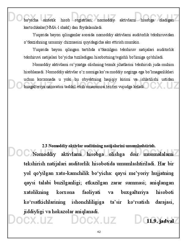 bo'yicha   sintetik   hisob   registrlari,   nomoddiy   aktivlami   hisobga   oladigan
kartochkalar(NMA-l shakl) dan foydalaniladi.
Yuqorida bayon qilinganlar  asosida  nomoddiy aktivlami  auditorlik tekshiruvidan
o‘tkazishning umumiy chizmasini quyidagicha aks ettirish mumkin.
Yuqorida   bayon   qilingan   tartibda   o‘tkazilgan   tekshiruv   natijalari   auditorlik
tekshiruvi natijalari bo‘yicha tuziladigan hisobotning tegishli bo'limiga qo'shiladi.
Nomoddiy aktivlami ro‘yxatga olishning texnik jihatlarini tekshirish juda muhim
hisoblanadi. Nomoddiy aktivlar o‘z nomiga ko‘ra moddiy negizga ega bo’lmaganliklari
uchun   korxonada   u   yoki   bu   obyektning   haqiqiy   kirimi   va   ishlatilishi   ustidan
buxgalteriya nazoratini tashkil etish muammosi tez-tez vujudga keladi.
2.3 Nomoddiy aktivlar auditining natijalarini umumlashtirish.
Nomoddiy   aktivlami   hisobga   olishga   doir   muomalalami
tekshirish natijalari auditorlik  hisobotida umumlashtiriladi.  Har  bir
yol   qo'yilgan   xato-kamchilik   bo‘yicha:   qaysi   me’yoriy   hujjatning
qaysi   talabi   buzilganligi;   etkazilgan   zarar   summasi;   aniqlangan
xatolikning   korxona   faoliyati   va   buxgalteriya   hisoboti
ko‘rsatkichlarining   ishonchliligiga   ta’sir   ko‘rsatish   darajasi,
jiddiyligi va hokazolar aniqlanadi.                                  
                                                                                   11.9. jadval
42 