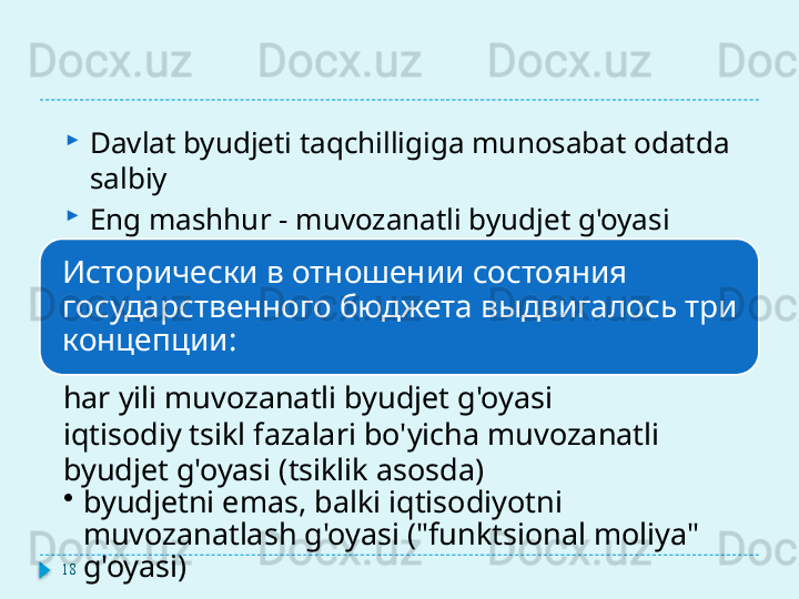 Исторически в отношении состояния 
государственного бюджета выдвигалось три 
концепции:
har yili muvozanatli byudjet g'oyasi
iqtisodiy tsikl fazalari bo'yicha muvozanatli 
byudjet g'oyasi (tsiklik asosda)
•
byudjetni emas, balki iqtisodiyotni 
muvozanatlash g'oyasi ("funktsional moliya" 
g'oyasi)18 
Davlat byudjeti taqchilligiga munosabat odatda 
salbiy

Eng mashhur   -   muvozanatli byudjet g'oyasi  