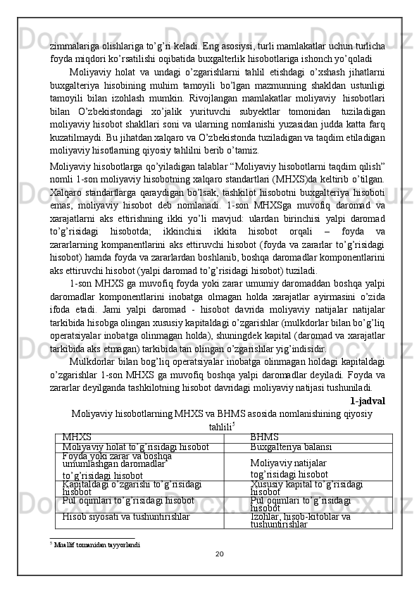 zimmalariga   olishlariga   to’g’ri   keladi.   Eng   asosiysi,   turli   mamlakatlar   uchun   turlicha
foyda   miqdori   ko’rsatilishi   oqibatida   buxgalterlik hisobotlariga   ishonch   yo’qoladi
Moliyaviy   holat   va   undagi   o’zgarishlarni   tahlil   etishdagi   o’xshash   jihatlarni
buxgalteriya   hisobining   muhim   tamoyili   bo’lgan   mazmunning   shakldan   ustunligi
tamoyili   bilan   izohlash   mumkin.   Rivojlangan   mamlakatlar   moliyaviy   hisobotlari
bilan   O’zbekistondagi   xo’jalik   yurituvchi   subyektlar   tomonidan   tuziladigan
moliyaviy hisobot shakllari soni va ularning nomlanishi  yuzasidan judda katta farq
kuzatilmaydi. Bu jihatdan xalqaro va O’zbekistonda tuziladigan va taqdim etiladigan
moliyaviy hisotlarning   qiyosiy   tahlilni   berib   o’tamiz.
Moliyaviy   hisobotlarga   qo’yiladigan   talablar   “Moliyaviy   hisobotlarni   taqdim   qilish”
nomli 1-son moliyaviy hisobotning xalqaro standartlari (MHXS)da keltirib   o’tilgan.
Xalqaro   standartlarga   qaraydigan   bo’lsak,   tashkilot   hisobotni   buxgalteriya   hisoboti
emas,   moliyaviy   hisobot   deb   nomlanadi.   1-son   MHXSga   muvofiq   daromad   va
xarajatlarni   aks   ettirishning   ikki   yo’li   mavjud:   ulardan   birinchisi   yalpi   daromad
to’g’risidagi   hisobotda;   ikkinchisi   ikkita   hisobot   orqali   –   foyda   va
zararlarning   kompanentlarini   aks   ettiruvchi   hisobot   (foyda   va   zararlar   to’g’risidagi
hisobot) hamda   foyda va zararlardan boshlanib, boshqa daromadlar komponentlarini
aks ettiruvchi   hisobot   (yalpi   daromad to’g’risidagi   hisobot) tuziladi.
1-son MHXS ga muvofiq foyda yoki zarar umumiy daromaddan boshqa yalpi
daromadlar   komponentlarini   inobatga   olmagan   holda   xarajatlar   ayirmasini   o’zida
ifoda   etadi.   Jami   yalpi   daromad   -   hisobot   davrida   moliyaviy   natijalar   natijalar
tarkibida hisobga olingan xususiy kapitaldagi o’zgarishlar (mulkdorlar bilan bo’g’liq
operatsiyalar inobatga olinmagan holda), shuningdek kapital (daromad va xarajatlar
tarkibida aks   etmagan)   tarkibida   tan   olingan o’zgarishlar yig’indisidir.
Mulkdorlar bilan bog’liq operatsiyalar inobatga olinmagan holdagi kapitaldagi
o’zgarishlar  1-son MHXS  ga muvofiq boshqa yalpi  daromadlar  deyiladi. Foyda va
zararlar   deyilganda   tashkilotning   hisobot   davridagi   moliyaviy   natijasi   tushuniladi.
1-jadval
Moliyaviy   hisobotlarning   MHXS   va   BHMS   asosida   nomlanishining   qiyosiy
tahlili 5
MHXS BHMS
Moliyaviy holat   to’g’risidagi hisobot Buxgalteriya   balansi
Foyda   yoki zarar   va   boshqa 
umumlashgan   daromadlar
to’g’risidagi hisobot Moliyaviy   natijalar  
tog’risidagi   hisobot
Kapitaldagi   o’zgarishi to’g’risidagi  
hisobot Xususiy kapital to’g’risidagi
hisobot
Pul   oqimlari   to’g’risidagi hisobot Pul   oqimlari   to’g’risidagi 
hisobot
Hisob   siyosati va   tushuntirishlar Izohlar, hisob-kitoblar   va  
tushuntirishlar
5
  Muallif tomanidan tayyorlandi
20