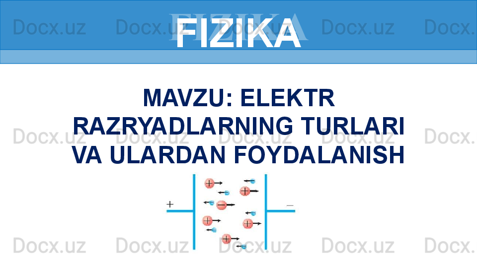 FIZIKA
MAVZU: ELEKTR 
RAZRYADLARNING TURLARI 
VA ULARDAN FOYDALANISH FIZIKA 