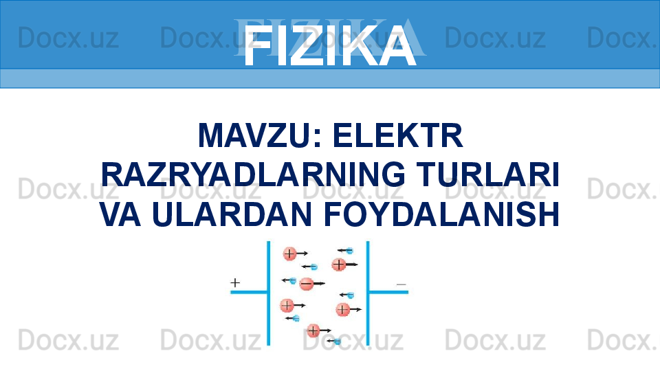 FIZIKA
MAVZU: ELEKTR 
RAZRYADLARNING TURLARI 
VA ULARDAN FOYDALANISH FIZIKA