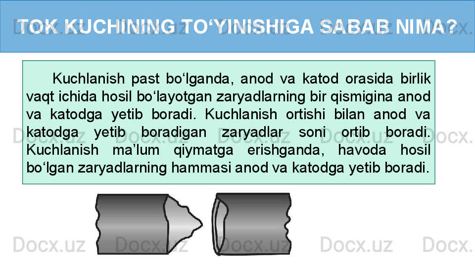 TOK KUCHINING TO‘YINISHIGA SABAB NIMA?
        Kuchlanish  past  bo‘lganda,  anod  va  katod  orasida  birlik 
vaqt ichida hosil bo‘layotgan zaryadlarning bir qismigina anod 
va  katodga  yetib  boradi.  Kuchlanish  ortishi  bilan  anod  va 
katodga  yetib  boradigan  zaryadlar  soni  ortib  boradi. 
Kuchlanish  ma’lum  qiymatga  erishganda,  havoda  hosil 
bo‘lgan zaryadlarning hammasi anod va katodga yetib boradi.