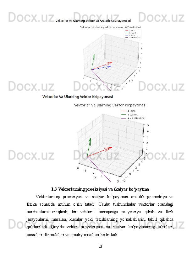 1.3 Vektorlarning proeksiyasi va skalyar ko‘paytma
Vektorlarning   proeksiyasi   va   skalyar   ko‘paytmasi   analitik   geometriya   va
fizika   sohasida   muhim   o‘rin   tutadi.   Ushbu   tushunchalar   vektorlar   orasidagi
burchaklarni   aniqlash,   bir   vektorni   boshqasiga   proyeksiya   qilish   va   fizik
jarayonlarni,   masalan,   kuchlar   yoki   tezliklarning   yo‘nalishlarini   tahlil   qilishda
qo‘llaniladi.   Quyida   vektor   proyeksiyasi   va   skalyar   ko‘paytmaning   ta’riflari,
xossalari, formulalari va amaliy misollari keltiriladi.
13 