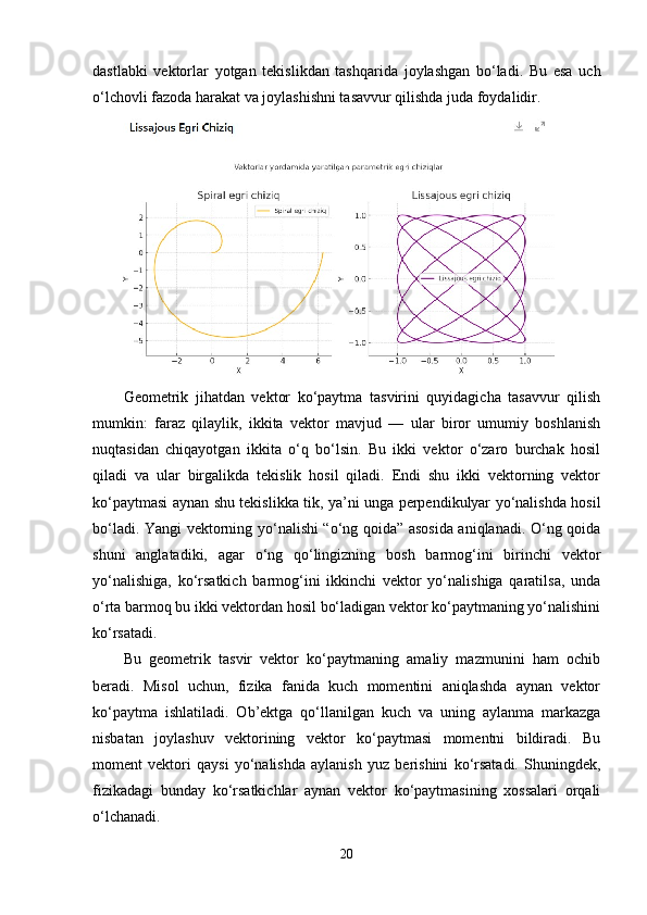 dastlabki   vektorlar   yotgan   tekislikdan   tashqarida   joylashgan   bo‘ladi.   Bu   esa   uch
o‘lchovli fazoda harakat va joylashishni tasavvur qilishda juda foydalidir.
Geometrik   jihatdan   vektor   ko‘paytma   tasvirini   quyidagicha   tasavvur   qilish
mumkin:   faraz   qilaylik,   ikkita   vektor   mavjud   —   ular   biror   umumiy   boshlanish
nuqtasidan   chiqayotgan   ikkita   o‘q   bo‘lsin.   Bu   ikki   vektor   o‘zaro   burchak   hosil
qiladi   va   ular   birgalikda   tekislik   hosil   qiladi.   Endi   shu   ikki   vektorning   vektor
ko‘paytmasi aynan shu tekislikka tik, ya’ni unga perpendikulyar yo‘nalishda hosil
bo‘ladi. Yangi vektorning yo‘nalishi “o‘ng qoida” asosida aniqlanadi. O‘ng qoida
shuni   anglatadiki,   agar   o‘ng   qo‘lingizning   bosh   barmog‘ini   birinchi   vektor
yo‘nalishiga,   ko‘rsatkich   barmog‘ini   ikkinchi   vektor   yo‘nalishiga   qaratilsa,   unda
o‘rta barmoq bu ikki vektordan hosil bo‘ladigan vektor ko‘paytmaning yo‘nalishini
ko‘rsatadi.
Bu   geometrik   tasvir   vektor   ko‘paytmaning   amaliy   mazmunini   ham   ochib
beradi.   Misol   uchun,   fizika   fanida   kuch   momentini   aniqlashda   aynan   vektor
ko‘paytma   ishlatiladi.   Ob’ektga   qo‘llanilgan   kuch   va   uning   aylanma   markazga
nisbatan   joylashuv   vektorining   vektor   ko‘paytmasi   momentni   bildiradi.   Bu
moment   vektori   qaysi   yo‘nalishda   aylanish   yuz   berishini   ko‘rsatadi.   Shuningdek,
fizikadagi   bunday   ko‘rsatkichlar   aynan   vektor   ko‘paytmasining   xossalari   orqali
o‘lchanadi.
20 