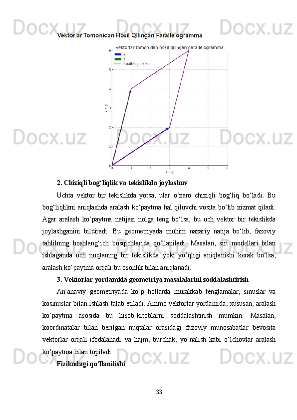 2. Chiziqli bog‘liqlik va tekislikda joylashuv
Uchta   vektor   bir   tekislikda   yotsa,   ular   o‘zaro   chiziqli   bog‘liq   bo‘ladi.   Bu
bog‘liqlikni aniqlashda aralash ko‘paytma hal qiluvchi vosita bo‘lib xizmat qiladi.
Agar   aralash   ko‘paytma   natijasi   nolga   teng   bo‘lsa,   bu   uch   vektor   bir   tekislikda
joylashganini   bildiradi.   Bu   geometriyada   muhim   nazariy   natija   bo‘lib,   fazoviy
tahlilning   boshlang‘ich   bosqichlarida   qo‘llaniladi.   Masalan,   sirt   modellari   bilan
ishlaganda   uch   nuqtaning   bir   tekislikda   yoki   yo‘qligi   aniqlanishi   kerak   bo‘lsa,
aralash ko‘paytma orqali bu osonlik bilan aniqlanadi.
3. Vektorlar yordamida geometriya masalalarini soddalashtirish
An’anaviy   geometriyada   ko‘p   hollarda   murakkab   tenglamalar,   sinuslar   va
kosinuslar bilan ishlash talab etiladi. Ammo vektorlar yordamida, xususan, aralash
ko‘paytma   asosida   bu   hisob-kitoblarni   soddalashtirish   mumkin.   Masalan,
koordinatalar   bilan   berilgan   nuqtalar   orasidagi   fazoviy   munosabatlar   bevosita
vektorlar   orqali   ifodalanadi   va   hajm,   burchak,   yo‘nalish   kabi   o‘lchovlar   aralash
ko‘paytma bilan topiladi.
Fizikadagi qo‘llanilishi
33 
