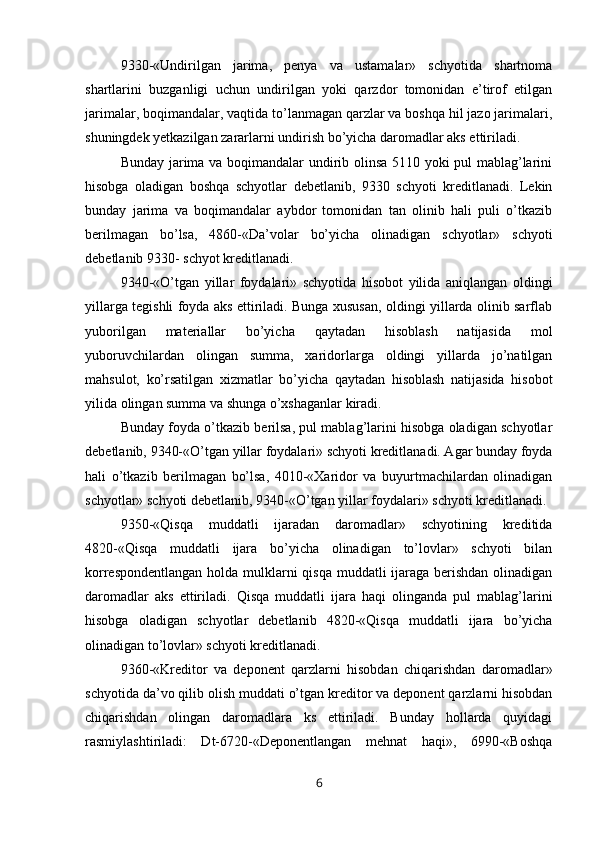 9330-«Undirilgan   jarima,   penya   va   ustamalar»   schyotida   shartnoma
shartlarini   buzganligi   uchun   undirilgan   yoki   qarzdor   tomonidan   e’tirof   etilgan
jarimalar, boqimandalar, vaqtida to’lanmagan qarzlar va boshqa hil jazo jarimalari,
shuningdek yetkazilgan zararlarni undirish bo’yicha daromadlar aks ettiriladi.
Bunday jarima va boqimandalar undirib olinsa 5110 yoki pul mablag’larini
hisobga   oladigan   boshqa   schyotlar   debetlanib,   9330   schyoti   kreditlanadi.   Lekin
bunday   jarima   va   boqimandalar   aybdor   tomonidan   tan   olinib   hali   puli   o’tkazib
berilmagan   bo’lsa,   4860-«Da’volar   bo’yicha   olinadigan   schyotlar»   schyoti
debetlanib 9330- schyot kreditlanadi.
9340 - «O’tgan   yillar   foydalari»   schyotida   hisobot   yilida   aniqlangan   oldingi
yillarga tegishli foyda aks ettiriladi. Bunga xususan, oldingi yillarda olinib sarflab
yuborilgan   materiallar   bo’yicha   qaytadan   hisoblash   natijasida   mol
yuboruvchilardan   olingan   summa,   xaridorlarga   oldingi   yillarda   jo’natilgan
mahsulot,   ko’rsatilgan   xizmatlar   bo’yicha   qaytadan   hisoblash   natijasida   hisobot
yilida olingan summa va shunga o’xshaganlar kiradi.
Bunday foyda o’tkazib berilsa, pul mablag’larini hisobga oladigan schyotlar
debetlanib, 9340-«O’tgan yillar foydalari» schyoti kreditlanadi. Agar bunday foyda
hali   o’tkazib   berilmagan   bo’lsa,   4010-«Хaridor   va   buyurtmachilardan   olinadigan
schyotlar» schyoti debetlanib, 9340-«O’tgan yillar foydalari» schyoti kreditlanadi.
9350-«Qisqa   muddatli   ijaradan   daromadlar»   schyotining   kreditida
4820-«Qisqa   muddatli   ijara   bo’yicha   olinadigan   to’lovlar»   schyoti   bilan
korrespondentlangan holda mulklarni  qisqa  muddatli ijaraga berishdan  olinadigan
daromadlar   aks   ettiriladi.   Qisqa   muddatli   ijara   haqi   olinganda   pul   mablag’larini
hisobga   oladigan   schyotlar   debetlanib   4820-«Qisqa   muddatli   ijara   bo’yicha
olinadigan to’lovlar» schyoti kreditlanadi.
9360-«Kreditor   va   deponent   qarzlarni   hisobdan   chiqarishdan   daromadlar»
schyotida da’vo qilib olish muddati o’tgan kreditor va deponent qarzlarni hisobdan
chiqarishdan   olingan   daromadlara   ks   ettiriladi.   Bunday   hollarda   quyidagi
rasmiylashtiriladi:   Dt-6720-«Deponentlangan   mehnat   haqi»,   6990-«Boshqa
6