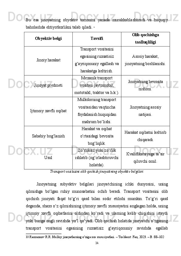 Bu   esa   jinoyatning   obyektiv   tomonini   yanada   murakkablashtiradi   va   huquqiy
baholashda ehtiyotkorlikni talab qiladi.   10
Obyektiv belgi Tavsifi Olib qochishga
taalluqliligi
Jinoiy harakat Transport vositasini
egasining ruxsatisiz
g‘ayriqonuniy egallash va
harakatga keltirish. Asosiy harakat,
jinoyatning boshlanishi.
Jinoyat predmeti Mexanik transport
vositasi (avtomobil,
mototsikl, traktor va h.k.). Jinoyatning bevosita
nishoni.
Ijtimoiy xavfli oqibat Mulkdorning transport
vositasidan vaqtincha
foydalanish huquqidan
mahrum bo‘lishi. Jinoyatning asosiy
natijasi.
Sababiy bog‘lanish Harakat va oqibat
o‘rtasidagi bevosita
bog‘liqlik. Harakat oqibatni keltirib
chiqaradi.
Usul Zo‘rliksiz yoki zo‘rlik
ishlatib (og‘irlashtiruvchi
holatda). Kvalifikatsiyaga ta sirʼ
qiluvchi omil.
Transport vositasini olib qochish jinoyatining obyektiv belgilari
Jinoyatning   subyektiv   belgilari   jinoyatchining   ichki   dunyosini,   uning
qilmishga   bo‘lgan   ruhiy   munosabatini   ochib   beradi.   Transport   vositasini   olib
qochish   jinoyati   faqat   to‘g‘ri   qasd   bilan   sodir   etilishi   mumkin.   To‘g‘ri   qasd
deganda, shaxs o‘z qilmishining ijtimoiy xavfli xususiyatini anglagan holda, uning
ijtimoiy   xavfli   oqibatlarini   oldindan   ko‘radi   va   ularning   kelib   chiqishini   istaydi
yoki bunga ongli ravishda yo‘l qo‘yadi. Olib qochish holatida jinoyatchi o‘zganing
transport   vositasini   egasining   ruxsatisiz   g‘ayriqonuniy   ravishda   egallab
10  Raxmonov R.R. Mulkiy jinoyatlarning o’ziga xos xususiyatlari. – Toshkent: Fan, 2023. – B. 88–102
14 