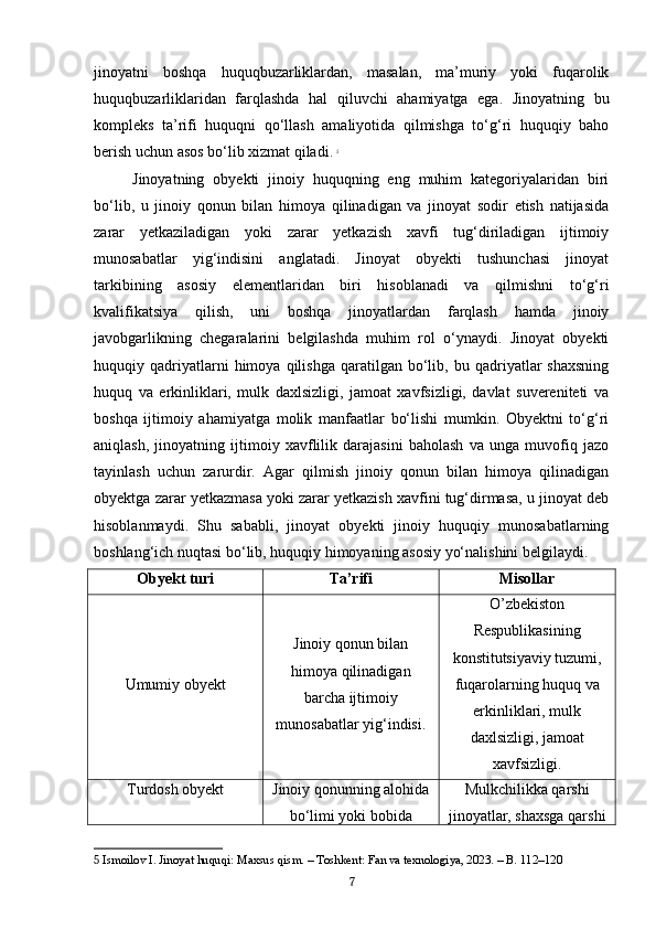 jinoyatni   boshqa   huquqbuzarliklardan,   masalan,   ma’muriy   yoki   fuqarolik
huquqbuzarliklaridan   farqlashda   hal   qiluvchi   ahamiyatga   ega.   Jinoyatning   bu
kompleks   ta’rifi   huquqni   qo‘llash   amaliyotida   qilmishga   to‘g‘ri   huquqiy   baho
berish uchun asos bo‘lib xizmat qiladi.   5
Jinoyatning   obyekti   jinoiy   huquqning   eng   muhim   kategoriyalaridan   biri
bo‘lib,   u   jinoiy   qonun   bilan   himoya   qilinadigan   va   jinoyat   sodir   etish   natijasida
zarar   yetkaziladigan   yoki   zarar   yetkazish   xavfi   tug‘diriladigan   ijtimoiy
munosabatlar   yig‘indisini   anglatadi.   Jinoyat   obyekti   tushunchasi   jinoyat
tarkibining   asosiy   elementlaridan   biri   hisoblanadi   va   qilmishni   to‘g‘ri
kvalifikatsiya   qilish,   uni   boshqa   jinoyatlardan   farqlash   hamda   jinoiy
javobgarlikning   chegaralarini   belgilashda   muhim   rol   o‘ynaydi.   Jinoyat   obyekti
huquqiy  qadriyatlarni   himoya   qilishga   qaratilgan   bo‘lib,   bu  qadriyatlar   shaxsning
huquq   va   erkinliklari,   mulk   daxlsizligi,   jamoat   xavfsizligi,   davlat   suvereniteti   va
boshqa   ijtimoiy   ahamiyatga   molik   manfaatlar   bo‘lishi   mumkin.   Obyektni   to‘g‘ri
aniqlash,   jinoyatning   ijtimoiy   xavflilik   darajasini   baholash   va   unga   muvofiq   jazo
tayinlash   uchun   zarurdir.   Agar   qilmish   jinoiy   qonun   bilan   himoya   qilinadigan
obyektga zarar yetkazmasa yoki zarar yetkazish xavfini tug‘dirmasa, u jinoyat deb
hisoblanmaydi.   Shu   sababli,   jinoyat   obyekti   jinoiy   huquqiy   munosabatlarning
boshlang‘ich nuqtasi bo‘lib, huquqiy himoyaning asosiy yo‘nalishini belgilaydi.
Obyekt turi Ta’rifi Misollar
Umumiy obyekt Jinoiy qonun bilan
himoya qilinadigan
barcha ijtimoiy
munosabatlar yig‘indisi. O’zbekiston
Respublikasining
konstitutsiyaviy tuzumi,
fuqarolarning huquq va
erkinliklari, mulk
daxlsizligi, jamoat
xavfsizligi.
Turdosh obyekt Jinoiy qonunning alohida
bo‘limi yoki bobida Mulkchilikka qarshi
jinoyatlar, shaxsga qarshi
5  Ismoilov I. Jinoyat huquqi: Maxsus qism. – Toshkent: Fan va texnologiya, 2023. – B. 112–120
7 