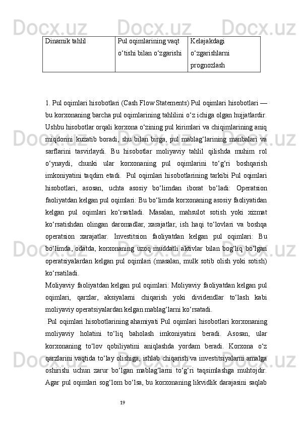 19Dinamik tahlil Pul oqimlarining vaqt 
o‘tishi bilan o‘zgarishi Kelajakdagi 
o‘zgarishlarni 
prognozlash
1. Pul oqimlari hisobotlari (Cash Flow Statements)   Pul oqimlari hisobotlari —
bu korxonaning barcha pul oqimlarining tahlilini o‘z ichiga olgan hujjatlardir.
Ushbu hisobotlar orqali korxona o‘zining pul kirimlari va chiqimlarining aniq
miqdorini   kuzatib   boradi,   shu   bilan   birga,   pul   mablag‘larining   manbalari   va
sarflarini   tasvirlaydi.   Bu   hisobotlar   moliyaviy   tahlil   qilishda   muhim   rol
o‘ynaydi,   chunki   ular   korxonaning   pul   oqimlarini   to‘g‘ri   boshqarish
imkoniyatini  taqdim  etadi.     Pul   oqimlari   hisobotlarining  tarkibi   Pul   oqimlari
hisobotlari,   asosan,   uchta   asosiy   bo‘limdan   iborat   bo‘ladi:   Operatsion
faoliyatdan kelgan pul oqimlari: Bu bo‘limda korxonaning asosiy faoliyatidan
kelgan   pul   oqimlari   ko‘rsatiladi.   Masalan,   mahsulot   sotish   yoki   xizmat
ko‘rsatishdan   olingan   daromadlar,   xarajatlar,   ish   haqi   to‘lovlari   va   boshqa
operatsion   xarajatlar.   Investitsion   faoliyatdan   kelgan   pul   oqimlari:   Bu
bo‘limda,   odatda,   korxonaning   uzoq   muddatli   aktivlar   bilan   bog‘liq   bo‘lgan
operatsiyalardan  kelgan  pul  oqimlari   (masalan,  mulk  sotib  olish   yoki  sotish)
ko‘rsatiladi.
Moliyaviy faoliyatdan kelgan pul oqimlari: Moliyaviy faoliyatdan kelgan pul
oqimlari,   qarzlar,   aksiyalarni   chiqarish   yoki   dividendlar   to‘lash   kabi
moliyaviy operatsiyalardan kelgan mablag‘larni ko‘rsatadi.
  Pul oqimlari hisobotlarining ahamiyati   Pul oqimlari hisobotlari korxonaning
moliyaviy   holatini   to‘liq   baholash   imkoniyatini   beradi.   Asosan,   ular
korxonaning   to‘lov   qobiliyatini   aniqlashda   yordam   beradi.   Korxona   o‘z
qarzlarini vaqtida to‘lay olishiga, ishlab chiqarish va investitsiyalarni amalga
oshirishi   uchun   zarur   bo‘lgan   mablag‘larni   to‘g‘ri   taqsimlashga   muhtojdir.
Agar pul oqimlari sog‘lom bo‘lsa, bu korxonaning likvidlik darajasini saqlab 