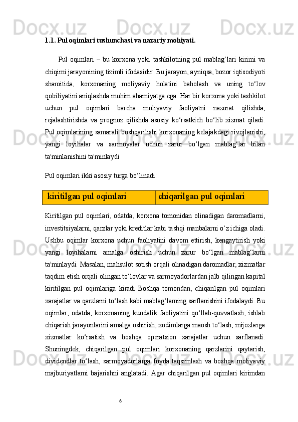 61.1. Pul oqimlari tushunchasi va nazariy mohiyati .
          Pul   oqimlari   –   bu   korxona   yoki   tashkilotning   pul   mablag‘lari   kirimi   va
chiqimi jarayonining tizimli ifodasidir. Bu jarayon, ayniqsa, bozor iqtisodiyoti
sharoitida,   korxonaning   moliyaviy   holatini   baholash   va   uning   to‘lov
qobiliyatini aniqlashda muhim ahamiyatga ega. Har bir korxona yoki tashkilot
uchun   pul   oqimlari   barcha   moliyaviy   faoliyatni   nazorat   qilishda,
rejalashtirishda   va   prognoz   qilishda   asosiy   ko‘rsatkich   bo‘lib   xizmat   qiladi.
Pul oqimlarining samarali boshqarilishi korxonaning kelajakdagi rivojlanishi,
yangi   loyihalar   va   sarmoyalar   uchun   zarur   bo‘lgan   mablag‘lar   bilan
ta'minlanishini ta'minlaydi 
Pul oqimlari ikki asosiy turga bo‘linadi:
 kiritilgan pul oqimlari chiqarilgan pul oqimlari
Kiritilgan pul oqimlari, odatda, korxona tomonidan olinadigan daromadlarni,
investitsiyalarni, qarzlar yoki kreditlar kabi tashqi manbalarni o‘z ichiga oladi.
Ushbu   oqimlar   korxona   uchun   faoliyatini   davom   ettirish,   kengaytirish   yoki
yangi   loyihalarni   amalga   oshirish   uchun   zarur   bo‘lgan   mablag‘larni
ta'minlaydi. Masalan, mahsulot sotish orqali olinadigan daromadlar, xizmatlar
taqdim etish orqali olingan to‘lovlar va sarmoyadorlardan jalb qilingan kapital
kiritilgan   pul   oqimlariga   kiradi   Boshqa   tomondan,   chiqarilgan   pul   oqimlari
xarajatlar va qarzlarni to‘lash kabi mablag‘larning sarflanishini ifodalaydi. Bu
oqimlar,   odatda,   korxonaning   kundalik   faoliyatini   qo‘llab-quvvatlash,   ishlab
chiqarish jarayonlarini amalga oshirish, xodimlarga maosh to‘lash, mijozlarga
xizmatlar   ko‘rsatish   va   boshqa   operatsion   xarajatlar   uchun   sarflanadi.
Shuningdek,   chiqarilgan   pul   oqimlari   korxonaning   qarzlarini   qaytarish,
dividendlar   to‘lash,   sarmoyadorlarga   foyda   taqsimlash   va   boshqa   moliyaviy
majburiyatlarni   bajarishni   anglatadi.   Agar   chiqarilgan   pul   oqimlari   kirimdan 