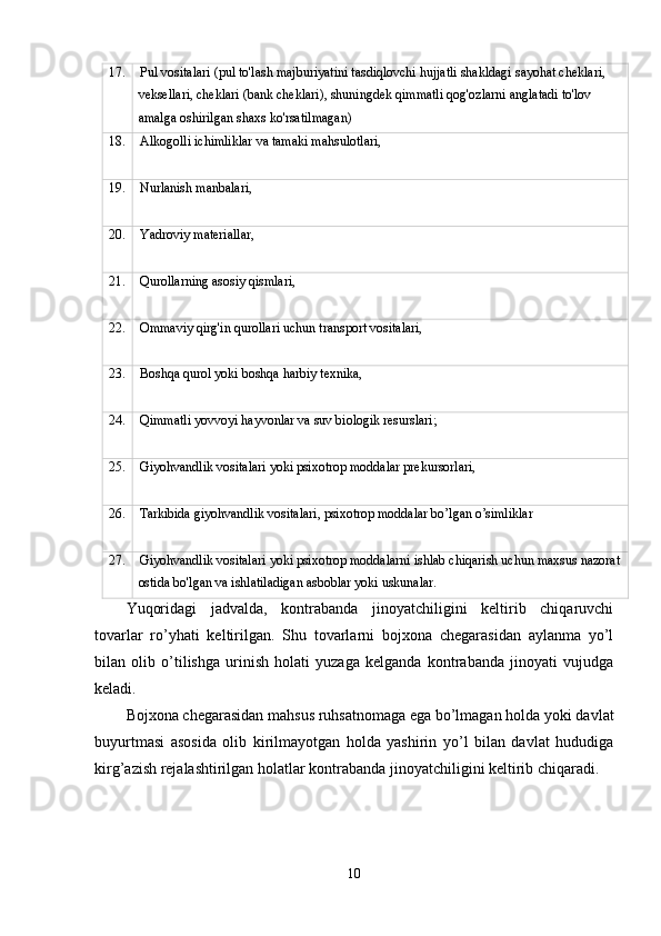 17. Pul vositalari (pul to'lash majburiyatini tasdiqlovchi hujjatli shakldagi sayohat cheklari, 
veksellari, cheklari (bank cheklari), shuningdek qimmatli qog'ozlarni anglatadi to'lov 
amalga oshirilgan shaxs ko'rsatilmagan)
18. Alkogolli ichimliklar va tamaki mahsulotlari,
19. Nurlanish manbalari,
20. Yadroviy materiallar,
21. Qurollarning asosiy qismlari,
22. Ommaviy qirg'in qurollari uchun transport vositalari,
23. Boshqa qurol yoki boshqa harbiy texnika,
24. Qimmatli yovvoyi hayvonlar va suv biologik resurslari;
25. Giyohvandlik vositalari yoki psixotrop moddalar prekursorlari,
26. Tarkibida giyohvandlik vositalari, psixotrop moddalar bo’lgan o’simliklar
27. Giyohvandlik vositalari yoki psixotrop moddalarni ishlab chiqarish uchun maxsus nazorat
ostida bo'lgan va ishlatiladigan asboblar yoki uskunalar.
Yuqoridagi   jadvalda,   kontrabanda   jinoyatchiligini   keltirib   chiqaruvchi
tovarlar   ro’yhati   keltirilgan.   Shu   tovarlarni   bojxona   chegarasidan   aylanma   yo’l
bilan   olib   o’tilishga   urinish   holati   yuzaga   kelganda   kontrabanda   jinoyati   vujudga
keladi. 
Bojxona chegarasidan mahsus ruhsatnomaga ega bo’lmagan holda yoki davlat
buyurtmasi   asosida   olib   kirilmayotgan   holda   yashirin   yo’l   bilan   davlat   hududiga
kirg’azish rejalashtirilgan holatlar kontrabanda jinoyatchiligini keltirib chiqaradi.
10