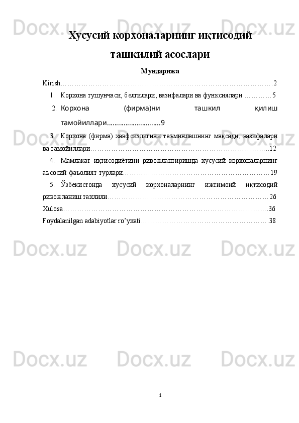 Хусусий   корхоналарнинг иқтисодий
ташкилий асослари 
Мундарижа
Kirish… …………………………………………………………………………….2
1. Корхона тушунчаси, белгилари, вазифалари ва функсиялари  …………5
2. Корхона   (фирма)ни   ташкил   қилиш
тамойиллари………………………..9
3. Корхона   (фирма)   хавфсизлигини   таъминлашнинг   мақсади,   вазифалари
ва тамойиллари …………………………………………………………………..12
4. Мамлакат   иқтисодиётини   ривожлантиришда   хусусий   корхоналарнинг
аъсосий фаъолият турлари………………………………………………………19
5. Ўзбекистонда   хусусий   корхоналарнинг   ижтимоий   иқтисодий
ривожланиш тахлили……………………………………………………………26
Xulosa …………………………………………………………………………….36
Foydalanilgan   adabiyotlar   ro ’ yxati ……………………………………………….38
1 