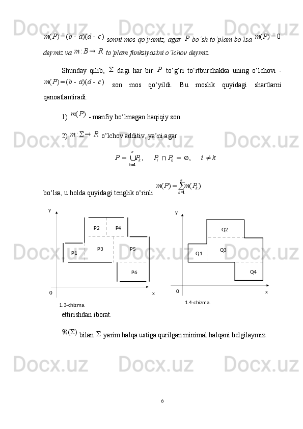 y
x0 Q1 Q2
Q3
Q4
1.4-chizma.y
x0 P5
P1 P2
P3 P4
P6
1.3-chizma.)	)(	(	=)	(	c	d	a	b	P	m		  sonni mos qo‘yamiz, agar 	P  bo‘sh to‘plam bo‘lsa  0=)( Pm
deymiz va 	
R	B	m		:  to‘plam funksiyasini o‘lchov deymiz.
Shunday   qilib,  	
   dagi   har   bir  	P   to‘g‘ri   to‘rtburchakka   uning   o‘lchovi   -	
)	)(	(	=)	(	c	d	a	b	P	m		
  son   mos   qo‘yildi.   Bu   moslik   quyidagi   shartlarni
qanoatlantiradi:
1) 	
)	(P	m  - manfiy bo‘lmagan haqiqiy son.
2) 	
R	m		:  o‘lchov additiv, ya’ni agar 
kiPPPP
kikn
k  ,=,=
=1 

bo‘lsa, u holda quyidagi tenglik o‘rinli  )(=)(
1= kn
k PmPm

ettirishdan iborat.
)	(	
 bilan 	  yarim halqa ustiga qurilgan minimal halqani belgilaymiz.
6 