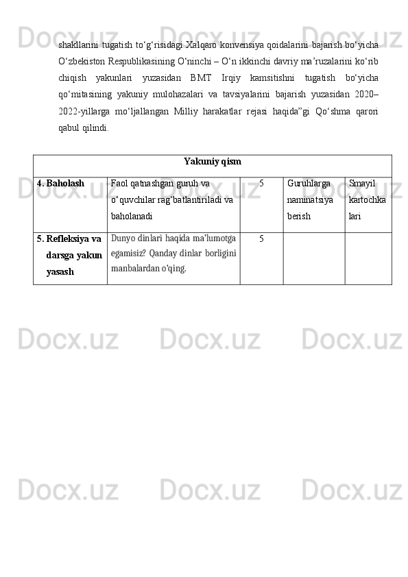 shakllarini tugatish to‘g‘risidagi Xalqaro konvensiya qoidalarini bajarish bo‘yicha
O‘zbekiston Respublikasining O‘ninchi – O‘n ikkinchi davriy ma’ruzalarini ko‘rib
chiqish   yakunlari   yuzasidan   BMT   Irqiy   kamsitishni   tugatish   bo‘yicha
qo‘mitasining   yakuniy   mulohazalari   va   tavsiyalarini   bajarish   yuzasidan   2020–
2022-yillarga   mo‘ljallangan   Milliy   harakatlar   rejasi   haqida”gi   Qo‘shma   qarori
qabul qilindi.
Yakuniy qism
4 . Baholash  Faol qatnashgan guruh va 
o‘quvchilar rag‘batlantiriladi va 
baholanadi 5 Guruhlarga 
naminatsiya 
berish Smayil 
kartochka
lari
5. Refleksiya va
     darsga yakun
     yasash Dunyo dinlari  haqida ma’lumotga
egamisiz?  Qanday  dinlar  borligini
manbalardan o‘qing. 5