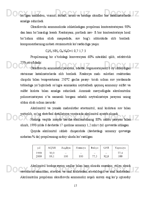 bo’lgan   molibden,   vismut,   kobalt,   xrom   va   bosh qa   oksidlar   bor   katalizatorlarda
amalga oshiriladi.
Oksidlovchi   ammonolizda   ishlatiladigan   propilenni   kontsentratsiyasi   90%
dan   kam   bo’lmasligi  kerak. Reaksiyani, portlash xav- fi  bor kontsentratsiya hosil
bo’lishini   oldini   olish   maqsadida,   suv   bug’i   ishtirokida   olib   boriladi:
komponentlarning nisbati stexiometrik ko’rsatkichga yaqin:
C
3 H
6 :NH
3 :O
9 :N
9 O=1:0,7:1,7:3
Propilenning   bir   o’tishdagi   konversiyasi   60%   ni tashkil   qilib,   se lektivlik
75% atrofidadir.
Oksidlovchi ammonoliz jarayoni, odatda, regeneratsiyasiz 6 oy ishlaydigan
statsionar   katalizatorlarda   olib   boriladi.   Reaksiya   mah-   sulotlari   reaktordan
chiqishi   bilan   temperaturani   250°C   gacha   pasay-   tirish   uchun   suv   yordamida
toblashga   yo’liqtiriladi   so’ngra   ammiakni   neytrallash   qaynoq   ammoniy   sulfat   va
sulfat   kislota   bilan   amalga   oshiriladi.   Ammiak   mavjudligida   akrolonitrilni
polimerizatsiyasi   o’ta   samarali   borgani   sababli   neytralizatsiya   jarayoni   uning
oldini olish uchun zarurdir.
Akrilonitril   va   yonaki   mahsulotlar   atsetonitril,   sinil   kislotasi   suv   bilan
yuttirilib, so’ng ekstrfaol distillatsiya vositasida akrilonitril ajratib olinadi.
Hozirgi   vaqtda   xorijda   barcha   akrilonitrilning   80%   ushbu   jarayon   bilan
olinib, 1990-yilda 6 davlatda 17 qurilma umumiy 1,2 mln t./yil quvvatda ishlagan.
Quyida   akrilonitril   ishlab   chiqarishda   (davlatdagi   umumiy   quvvatga
nisbatan % da) propilenning nisbiy ulushi ko’rsatilgan:
Akrilonitril boshqa ayrim usullar   bilan   ham olinishi mumkin:   eti len   oksidi
va vodorod sianiddan; atsetilen  va  sinil kislotadan; at setaldegid  va  sinil kislotadan.
Akrilonitrilni   propilenni   oksidlovchi   ammonoliz   orqali   sintezi   eng   ko’p   iqtisodiy
17 