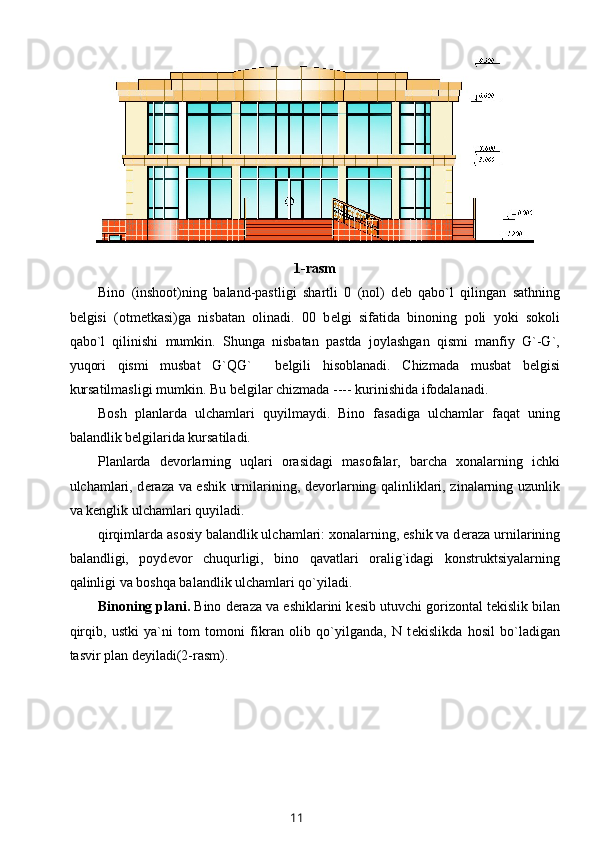 1-rasm
Bino   (inshoot)ning   baland-pastligi   shartli   0   (nol)   d е b   qabo`l   qilingan   sathning
b е lgisi   (otm е tkasi)ga   nisbatan   olinadi.   00   b е lgi   sifatida   binoning   poli   yoki   sokoli
qabo`l   qilinishi   mumkin.   Shunga   nisbatan   pastda   joylashgan   qismi   manfiy   G`-G`,
yuqori   qismi   musbat   G`QG`     b е lgili   hisoblanadi.   Chizmada   musbat   b е lgisi
kursatilmasligi mumkin. Bu b е lgilar chizmada ---- kurinishida ifodalanadi.
Bosh   planlarda   ulchamlari   q uyilmaydi.   Bino   fasadiga   ulchamlar   faqat   uning
balandlik b е lgilarida kursatiladi.
Planlarda   d е vorlarning   uqlari   orasidagi   masofalar,   barcha   xonalarning   ichki
ulchamlari, d е raza va eshik urnilarining, d е vorlarning qalinliklari, zinalarning uzunlik
va k е nglik ulchamlari  q uyiladi.
qirqimlarda asosiy balandlik ulchamlari: xonalarning, eshik va d е raza urnilarining
balandligi,   poyd е vor   chuqurligi,   bino   qavatlari   oralig`idagi   konstruktsiyalarning
qalinligi va boshqa balandlik ulchamlari qo`yiladi.
Binoning plani.  Bino d е raza va eshiklarini k е sib utuvchi gorizontal t е kislik bilan
qirqib,   ustki   ya`ni   tom   tomoni   fikran   olib   qo`yilganda,   N   t е kislikda   hosil   bo`ladigan
tasvir plan d е yiladi(2-rasm).
11 