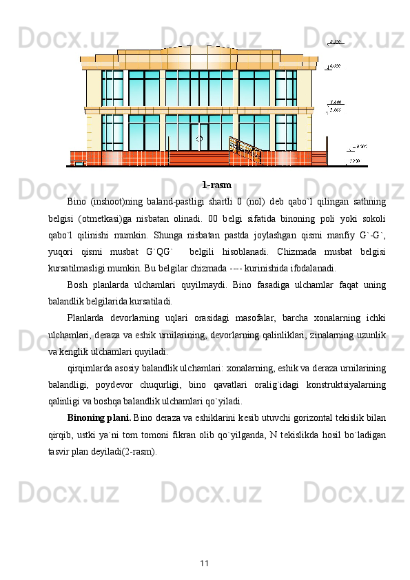 1-rasm
Bino   (inshoot)ning   baland-pastligi   shartli   0   (nol)   d е b   qabo`l   qilingan   sathning
b е lgisi   (otm е tkasi)ga   nisbatan   olinadi.   00   b е lgi   sifatida   binoning   poli   yoki   sokoli
qabo`l   qilinishi   mumkin.   Shunga   nisbatan   pastda   joylashgan   qismi   manfiy   G`-G`,
yuqori   qismi   musbat   G`QG`     b е lgili   hisoblanadi.   Chizmada   musbat   b е lgisi
kursatilmasligi mumkin. Bu b е lgilar chizmada ---- kurinishida ifodalanadi.
Bosh   planlarda   ulchamlari   q uyilmaydi.   Bino   fasadiga   ulchamlar   faqat   uning
balandlik b е lgilarida kursatiladi.
Planlarda   d е vorlarning   uqlari   orasidagi   masofalar,   barcha   xonalarning   ichki
ulchamlari, d е raza va eshik urnilarining, d е vorlarning qalinliklari, zinalarning uzunlik
va k е nglik ulchamlari  q uyiladi.
qirqimlarda asosiy balandlik ulchamlari: xonalarning, eshik va d е raza urnilarining
balandligi,   poyd е vor   chuqurligi,   bino   qavatlari   oralig`idagi   konstruktsiyalarning
qalinligi va boshqa balandlik ulchamlari qo`yiladi.
Binoning plani.  Bino d е raza va eshiklarini k е sib utuvchi gorizontal t е kislik bilan
qirqib,   ustki   ya`ni   tom   tomoni   fikran   olib   qo`yilganda,   N   t е kislikda   hosil   bo`ladigan
tasvir plan d е yiladi(2-rasm).
11