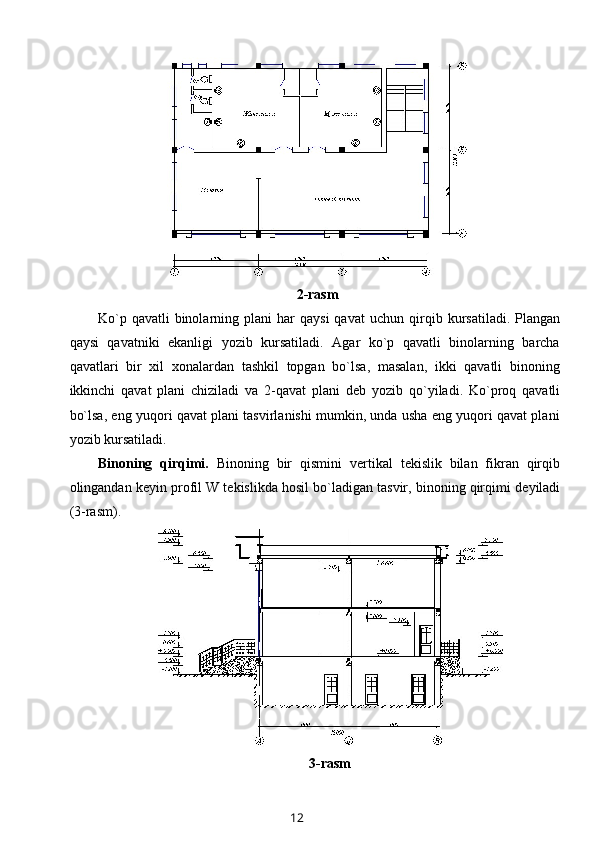 2-rasm
Ko`p  qavatli   binolarning  plani  har   qaysi  qavat   uchun  qir q ib  kursatiladi.   Plangan
qaysi   qavatniki   ekanligi   yozib   kursatiladi.   Agar   ko`p   qavatli   binolarning   barcha
qavatlari   bir   xil   xonalardan   tashkil   topgan   bo`lsa,   masalan,   ikki   qavatli   binoning
ikkinchi   qavat   plani   chiziladi   va   2-qavat   plani   d е b   yozib   qo`yiladi.   Ko`proq   qavatli
bo`lsa, eng yuqori qavat plani tasvirlanishi mumkin, unda usha eng yuqori qavat plani
yozib kursatiladi.
Binoning   qirqimi.   Binoning   bir   qismini   v е rtikal   t е kislik   bilan   fikran   qirqib
olingandan k е yin profil W t е kislikda hosil bo`ladigan tasvir, binoning qirqimi d е yiladi
(3-rasm).
3-rasm
12 