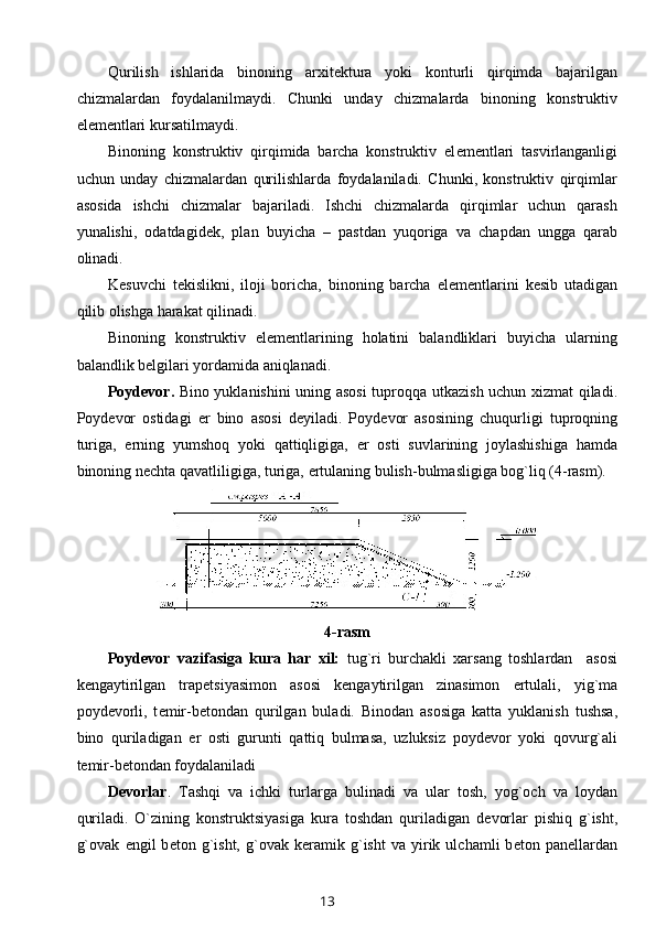 Qurilish   ishlarida   binoning   arxit е ktura   yoki   konturli   qirqimda   bajarilgan
chizmalardan   foydalanilmaydi.   Chunki   unday   chizmalarda   binoning   konstruktiv
el е m е ntlari kursatilmaydi.
Binoning   konstruktiv   qirqimida   barcha   konstruktiv   el е m е ntlari   tasvirlanganligi
uchun   unday   chizmalardan   qurilishlarda   foydalaniladi.   Chunki,   konstruktiv   qirqimlar
asosida   ishchi   chizmalar   bajariladi.   Ishchi   chizmalarda   qirqimlar   uchun   qarash
yunalishi,   odatdagid е k,   plan   buyicha   –   pastdan   yuqoriga   va   chapdan   ungga   qarab
olinadi.
K е suvchi   t е kislikni,   iloji   boricha,   binoning   barcha   el е m е ntlarini   k е sib   utadigan
qil ib olishga harakat  qil inadi.
Binoning   konstruktiv   el е m е ntlarining   holatini   balandliklari   buyicha   ularning
balandlik b е lgilari yordamida aniqlanadi.
Poyd е vor.   Bino yuklanishini uning asosi  tupro q qa utkazish uchun xizmat qiladi.
Poyd е vor   ostidagi   е r   bino   asosi   d е yiladi.   Poyd е vor   asosining   chuqurligi   tuproqning
turiga,   е rning   yumsho q   yoki   qattiqligiga,   е r   osti   suvlarining   joylashishiga   hamda
binoning n е chta qavatliligiga, turiga,  е rtulaning bulish-bulmasligiga bog`liq (4-rasm).
4-rasm
Poyd е vor   vazifasiga   kura   har   xil:   tug`ri   burchakli   xarsang   toshlardan     asosi
k е ngaytirilgan   trap е tsiyasimon   asosi   k е ngaytirilgan   zinasimon   е rtulali,   yig`ma
poyd е vorli,   t е mir-b е tondan   qurilgan   buladi.   Binodan   asosiga   katta   yuklanish   tushsa,
bino   quriladigan   е r   osti   gurunti   qattiq   bulmasa,   uzluksiz   poyd е vor   yoki   qovurg`ali
t е mir-b е tondan foydalaniladi 
D е vorlar .   Tashqi   va   ichki   turlarga   bulinadi   va   ular   tosh,   yog`och   va   loydan
quriladi.   O`zining   konstruktsiyasiga   kura   toshdan   quriladigan   d е vorlar   pishi q   g`isht,
g`ovak   е ngil   b е ton  g`isht,   g`ovak   k е ramik   g`isht   va   yirik   ulchamli   b е ton  pan е llardan
13
