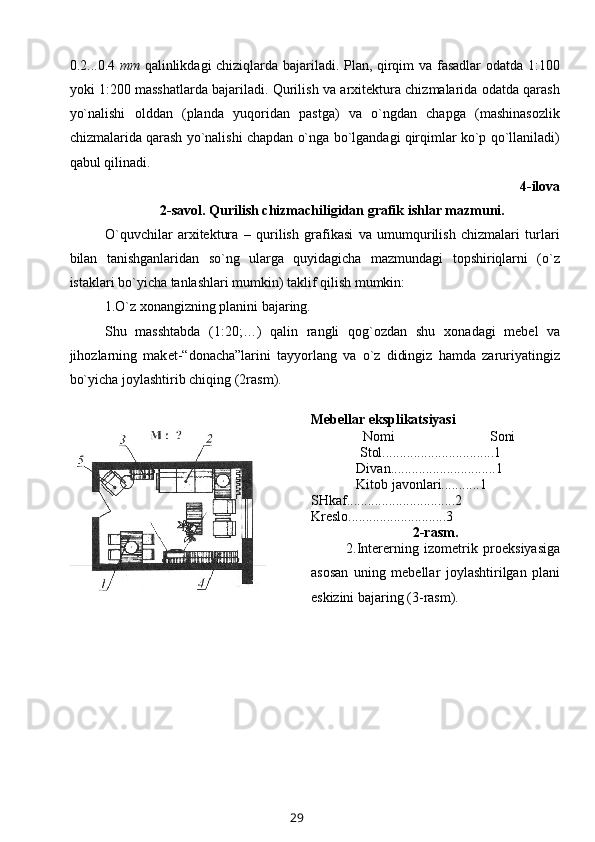 0.2...0.4   mm   qalinlikdagi chiziqlarda bajariladi. Plan, qirqim va fasadlar оdatda 1:100
yoki 1:200 masshatlarda bajariladi. Qurilish va arхitеktura chizmalarida оdatda qarash
yo`nalishi   оlddan   (planda   yuqоridan   pastga)   va   o`ngdan   chapga   (mashinasоzlik
chizmalarida qarash yo`nalishi chapdan o`nga bo`lgandagi qirqimlar ko`p qo`llaniladi)
qabul qilinadi.
4-ilova
2-savol.  Qurilish chizmachiligidan grafik ishlar mazmuni.
O`quvchilar   arхitеktura   –   qurilish   grafikasi   va   umumqurilish   chizmalari   turlari
b ilan   tanishganlaridan   so`ng   ularga   quyidagicha   mazmundagi   tоpshiriqlarni   (o`z
istaklari bo`yicha tanlashlari mumkin) taklif qilish mumkin:
          1.O`z  хо nangizning planini bajaring. 
Shu   masshtabda   (1:20;…)   qalin   rangli   q о g` о zdan   shu   хо nadagi   m е b е l   va
jih о zlarning   mak е t - “ d о nacha”larini   tayyorlang   va   o`z   didingiz   hamda   zaruriyatingiz
bo`yicha j о ylashtirib chiqing (2rasm).
Mеbеllar eksplikatsiyasi
               Nоmi                           Sоni
               Stоl................................1
             Divan..............................1
             Kitоb javоnlari...........1
SHkaf...............................2
Krеslо............................3
2-rasm. 
2.Intеrеrning   izоmеtrik   prоеksiyasiga
asоsan   uning   mеbеllar   jоylashtirilgan   plani
eskizini bajaring (3-rasm).
29 