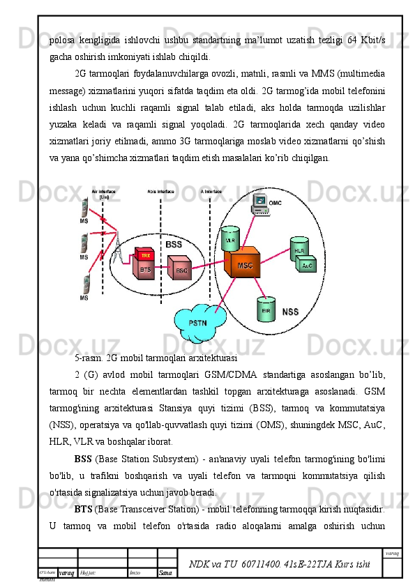 O’lcha m
mm m varaq Hujjat: Imzo
Sana  varaq
NDK va TU  60711400 .   41sE -2 2 TJA  Kurs ishipolosa   kengligida   ishlovchi   ushbu   standartning   ma’lumot   uzatish   tezligi   64   Kbit/s
gacha oshirish imkoniyati ishlab chiqildi. 
2G tarmoqlari foydalanuvchilarga ovozli, matnli, rasmli va MMS (multimedia
message) xizmatlarini yuqori sifatda taqdim eta oldi. 2G tarmog’ida mobil telefonini
ishlash   uchun   kuchli   raqamli   signal   talab   etiladi,   aks   holda   tarmoqda   uzilishlar
yuzaka   keladi   va   raqamli   signal   yoqoladi.   2G   tarmoqlarida   xech   qanday   video
xizmatlari joriy etilmadi, ammo 3G tarmoqlariga moslab video xizmatlarni qo’shish
va yana qo’shimcha xizmatlari taqdim etish masalalari ko’rib chiqilgan.
5-rasm. 2G mobil tarmoqlari arxitekturasi
2   (G)   avlod   mobil   tarmoqlari   GSM/CDMA   standartiga   asoslangan   bo’lib,
tarmoq   bir   nechta   elementlardan   tashkil   topgan   arxitekturaga   asoslanadi.   GSM
tarmog'ining   arxitekturasi   Stansiya   quyi   tizimi   (BSS),   tarmoq   va   kommutatsiya
(NSS), operatsiya va qo'llab-quvvatlash quyi tizimi (OMS), shuningdek MSC, AuC,
HLR, VLR va boshqalar iborat. 
BSS   (Base   Station   Subsystem)   -   an'anaviy   uyali   telefon   tarmog'ining   bo'limi
bo'lib,   u   trafikni   boshqarish   va   uyali   telefon   va   tarmoqni   kommutatsiya   qilish
o'rtasida signalizatsiya uchun javob beradi.
BTS  (Base Transceiver Station) - mobil telefonning tarmoqqa kirish nuqtasidir.
U   tarmoq   va   mobil   telefon   o'rtasida   radio   aloqalarni   amalga   oshirish   uchun 