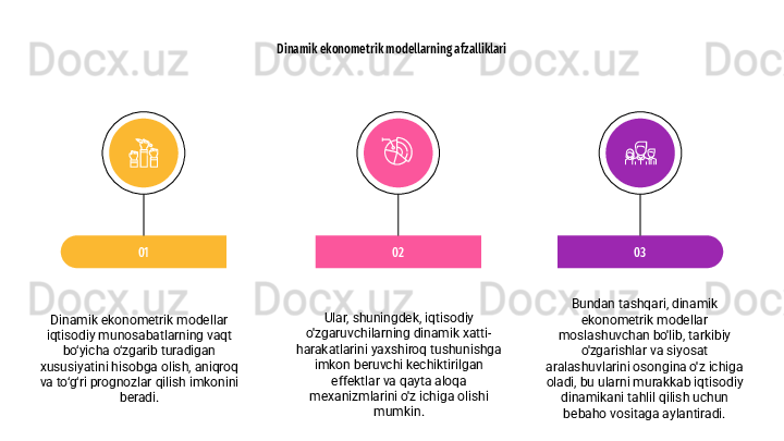 Dinamik ekonometrik modellar 
iqtisodiy munosabatlarning vaqt 
bo‘yicha o‘zgarib turadigan 
xususiyatini hisobga olish, aniqroq 
va to‘g‘ri prognozlar qilish imkonini 
beradi. 01
Ular, shuningdek, iqtisodiy 
o'zgaruvchilarning dinamik xatti-
harakatlarini yaxshiroq tushunishga 
imkon beruvchi kechiktirilgan 
effektlar va qayta aloqa 
mexanizmlarini o'z ichiga olishi 
mumkin. 02
Bundan tashqari, dinamik 
ekonometrik modellar 
moslashuvchan bo'lib, tarkibiy 
o'zgarishlar va siyosat 
aralashuvlarini osongina o'z ichiga 
oladi, bu ularni murakkab iqtisodiy 
dinamikani tahlil qilish uchun 
bebaho vositaga aylantiradi. 03Dinamik ekonometrik modellarning afzalliklari 