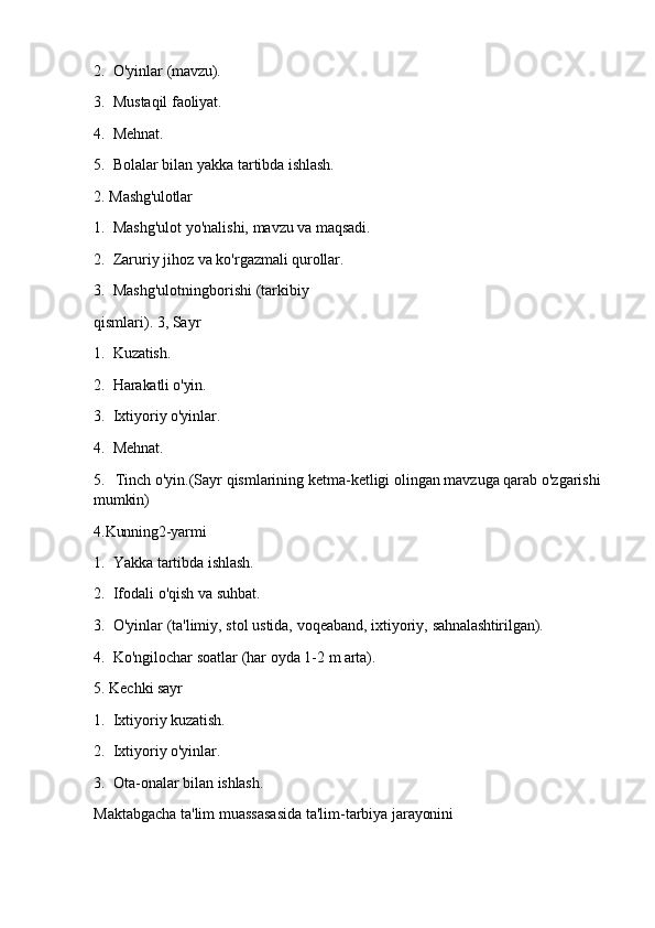 2. O'yinlar   (mavzu).
3. Mustaqil   faoliyat.
4. Mehnat.
5. Bolalar   bilan   yakka   tartibda   ishlash.
2. Mashg'ulotlar
1. Mashg'ulot   yo'nalishi,   mavzu   va   maqsadi.
2. Zaruriy   jihoz   va   ko'rgazmali   qurollar.
3. Mashg'ulotningborishi   (tarkibiy  
qismlari). 3, Sayr
1. Kuzatish.
2. Harakatli o'yin.
3. Ixtiyoriy   o'yinlar.
4. Mehnat.
5. Tinch o'yin.(Sayr qismlarining ketma-ketligi olingan mavzuga qarab o'zgarishi 
mumkin)
4. Kunning2-yarmi
1. Yakka   tartibda   ishlash.
2. Ifodali   o'qish   va   suhbat.
3. O'yinlar   (ta'limiy,   stol   ustida,   voqeaband,   ixtiyoriy,   sahnalashtirilgan).
4. Ko'ngilochar   soatlar   (har   oyda   1-2   m   arta).
5. Kechki   sayr
1. Ixtiyoriy   kuzatish.
2. Ixtiyoriy   o'yinlar.
3. Ota-onalar   bilan   ishlash.
Maktabgacha   ta'lim   muassasasida   ta'lim-tarbiya   jarayonini 